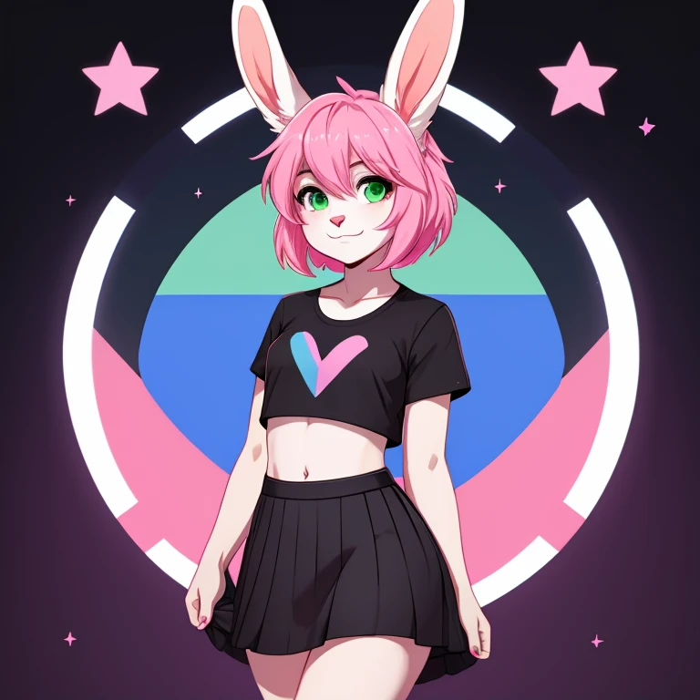 Female bunny with Blue fur, Green eyes and long Pink hairs she is wearing Black top with trans flag on it and Black skirt