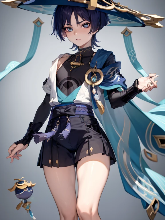 Scaramouche, short shorts, thighs, genshin impact, petite, cute, effeminate, big hat, best quality,4k,8k,highres,masterpiece:1.2),ultra-detailed