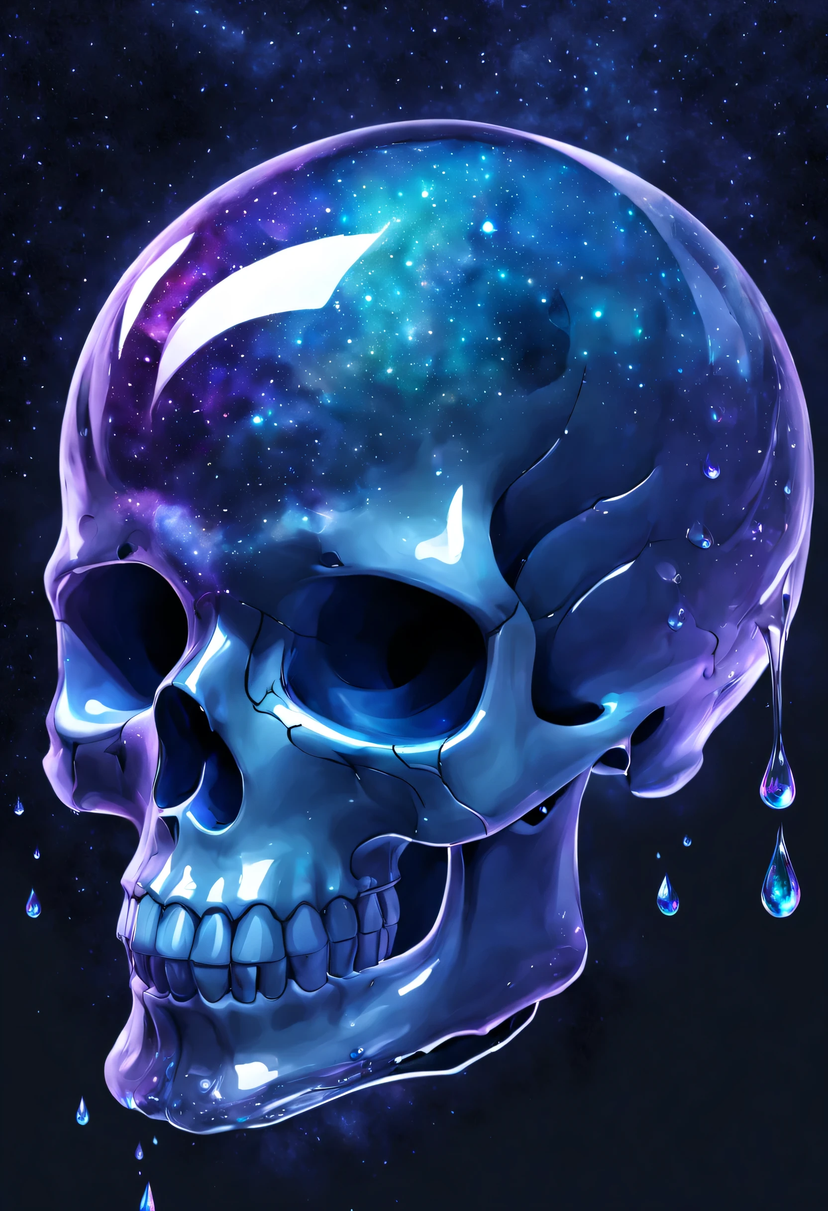 A magnificent transparent glass skull tinted with a few drops of paint inside, with the galaxy in the background which is slightly outlined in the skull. It's textured and mesmerizing
