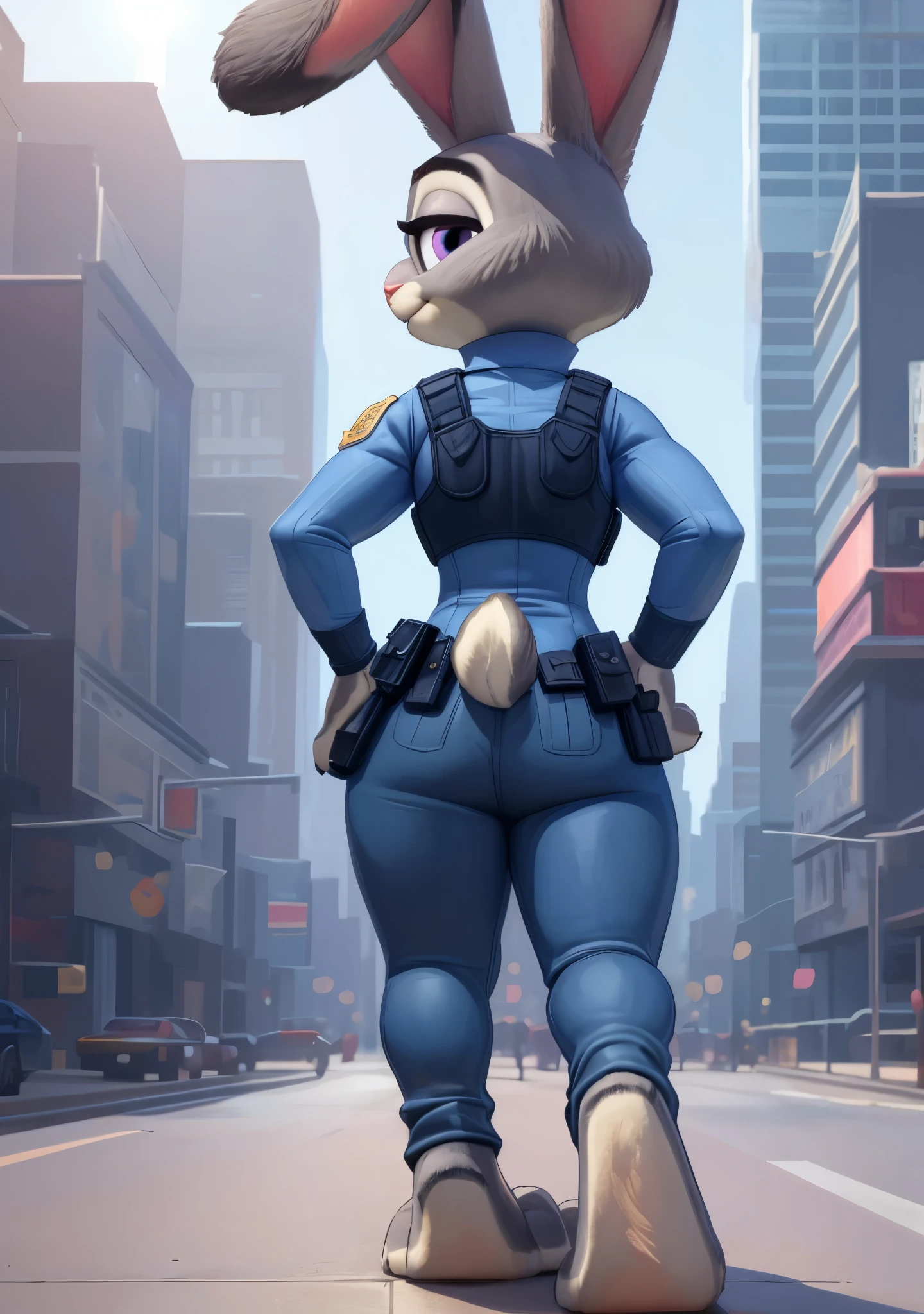 [JudyHopps], [Uploaded to e621.net; (Pixelsketcher), (wamudraws), (siroc)], ((masterpiece)), ((HD)), ((high res)), ((solo portrait)), ((full body)), ((back view)), ((feet visible)), ((furry; anthro)), ((detailed fur)), ((detailed shading)), ((beautiful render art)), {anthro rabbit; grey fur, black nose, (multicolored rabbit ears), (cite purple eyes), (curvy hips), (beautiful legs), (beautiful feet), (detailed furry soles), (cute smirk)}, {(police uniform), (ZPD police badge), (tight blue pants)}, {(standing), (hands on hip), (looking back), (looking at viewer)}, [background; (zootopia city), (skyscrapers), (blue sky), (sun rays)]