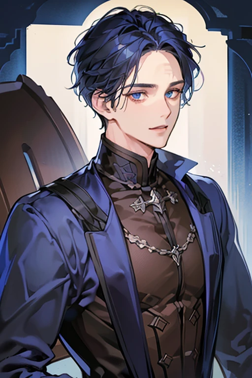 ((muste piece)), ((best quality)), ((brown skin)), ((dark blue eyes)), ((Dark blue hair))、handsome man , ((very very short hair、No bangs、Forehead、all back)), masculine、tall、sexy、Adult man、Three white eyes、handsome man、Kowamote、firmly、muscular、broad shoulders、smile、wild、とてもwild、
