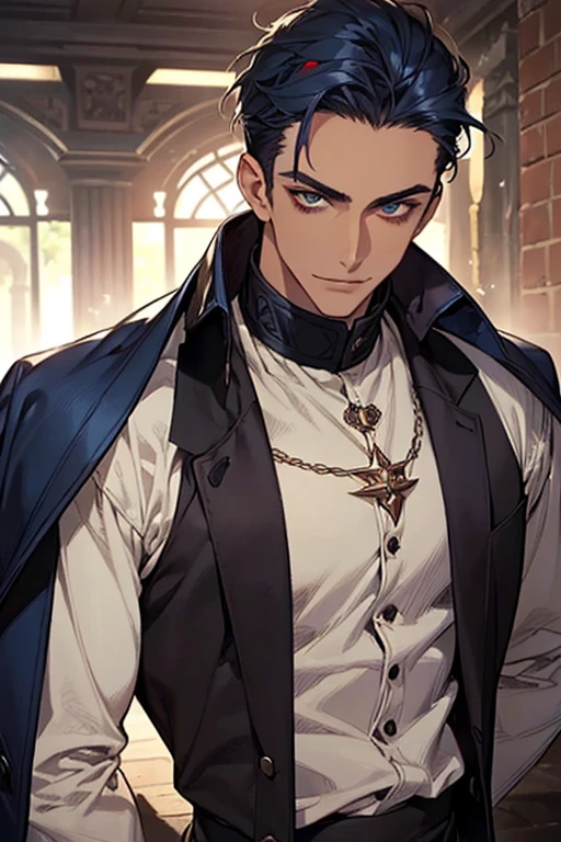 ((muste piece)), ((best quality)), ((brown skin)), ((dark blue eyes)), ((Dark blue hair))、handsome man , ((very very short hair、No bangs、Forehead、all back)), masculine、tall、sexy、Adult man、Three white eyes、handsome man、Kowamote、firmly、muscular、broad shoulders、smile、wild、とてもwild、