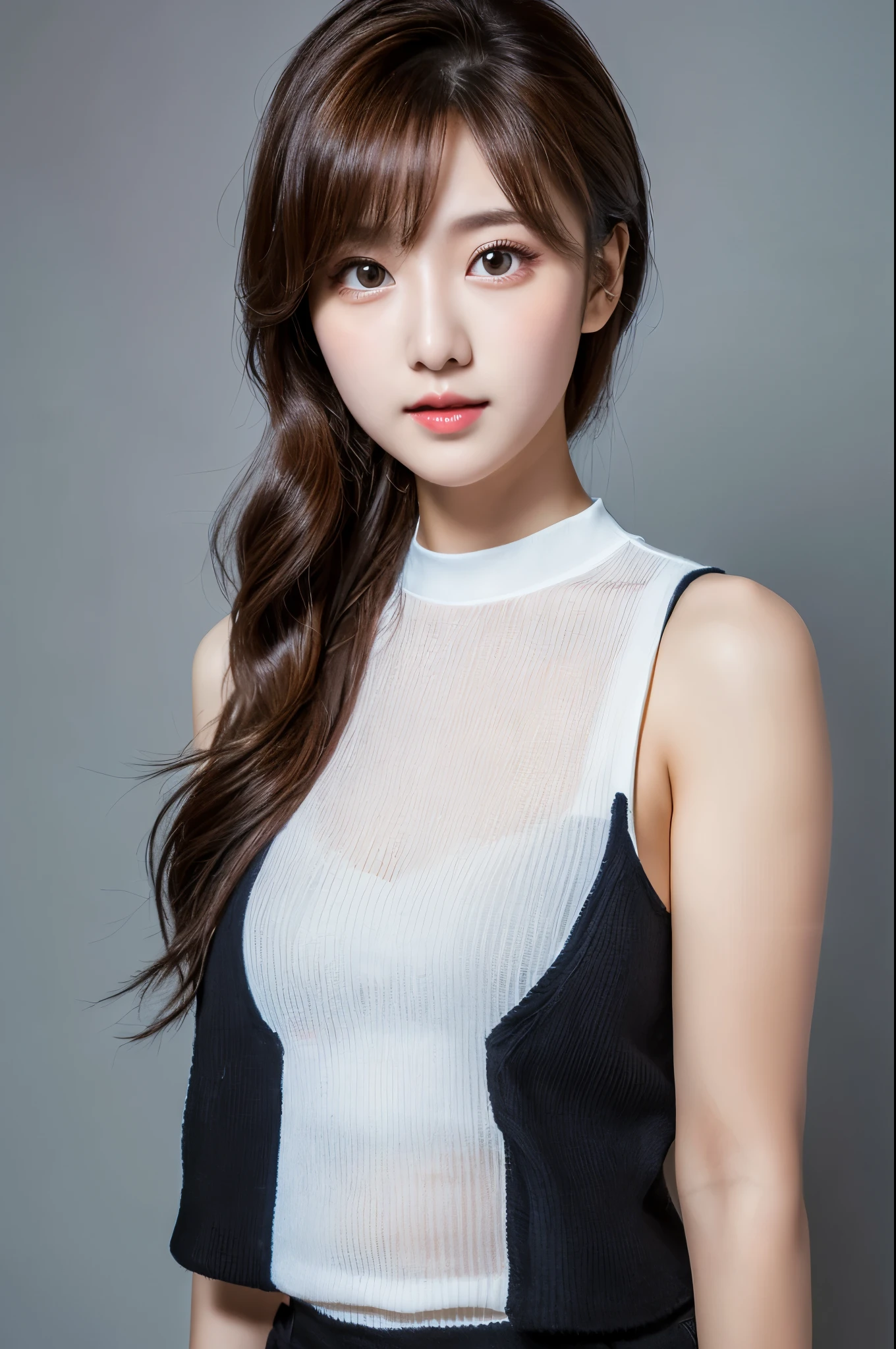 Ulchan-6500-v1.1, (RAW photo:1.2), (Photoreal), beautiful detailed girl, (See-through:1.3), (genuine: 1.4), very detailed目と顔, beautiful and fine eyes, Vests with various patterns、((Are standing:1.3))、(super realistic pantyhose:1.2), (high heels)、(Business service)、huge file size, High resolution, very detailed, highest quality, [masterpiece:1.6], enlightenment, very detailed, finely, highest quality, 8k wallpaper, movie lighting, 1 girl, 26 years old, perfect body shape, Cute droopy eyes、beautiful big eyes、highest quality, 1 girl, eye shadow, Upper body, portrait, ((full body shot:1.3))、