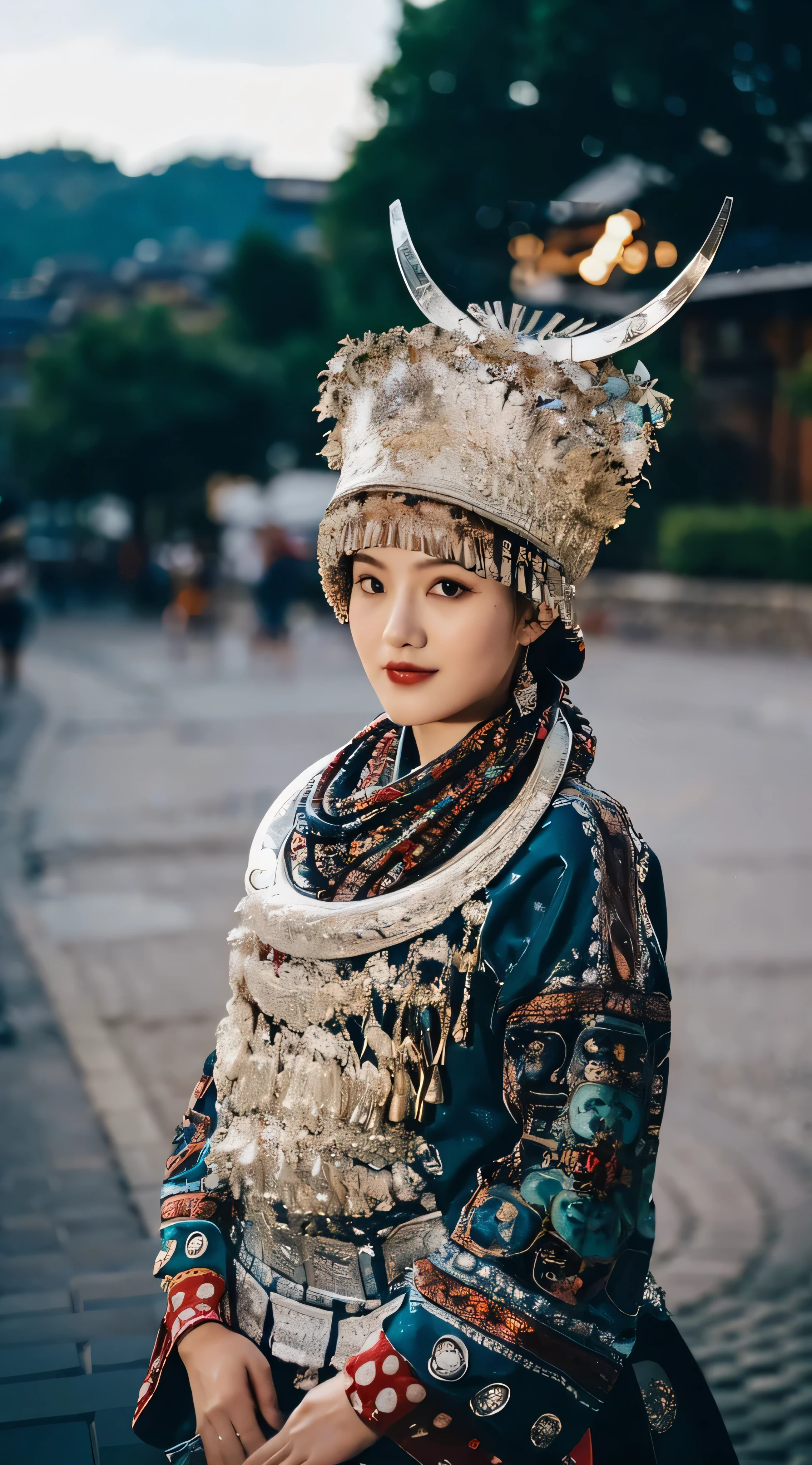 Gorgeous ethnic headdress,right hand,facial lighting,
