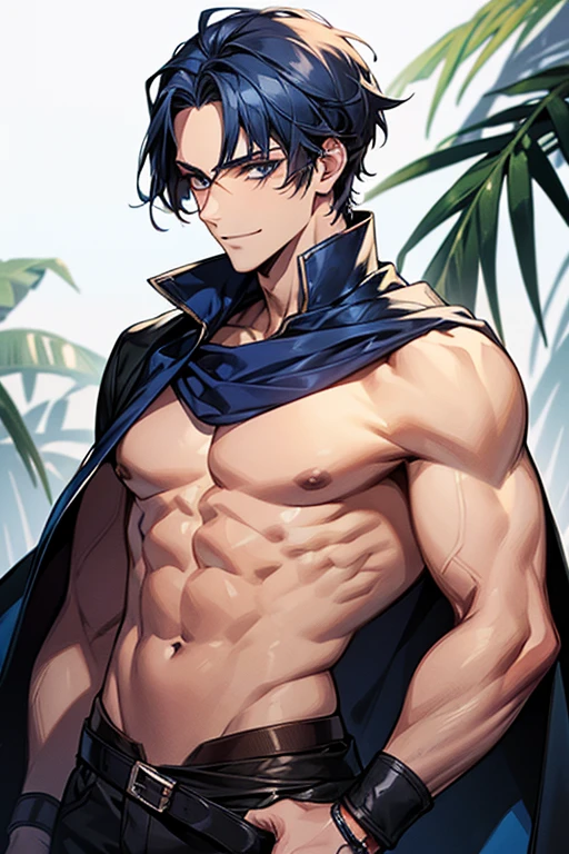 ((muste piece)), ((best quality)), ((brown skin)), ((dark blue eyes)), ((Dark blue hair))、handsome man , ((very very short hair、No bangs、Forehead、all back)), masculine、tall、sexy、Adult man、Three white eyes、handsome man、Kowamote、firmly、muscular、broad shoulders、smile、wild、とてもwild、