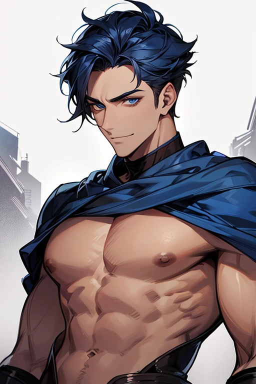 (masterpiece), best quality, expressive eyes, perfect face, anime, guy, black hair and eyes, good looking, muscular, gentle smile, adult, handsome guy, heart throb, cool short hair cut, dramatic lighting, cool clothing, anime, bara, sexy
