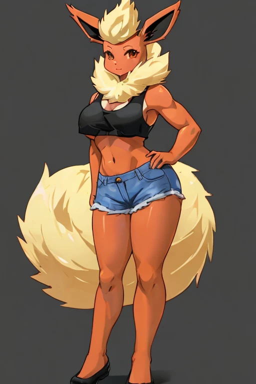 ((Flareon)), anthropomorphic, big boobs, big ass, pokemorph, (((1girl))), cute and sexy, slender, red skin, long legs, smiling, naked