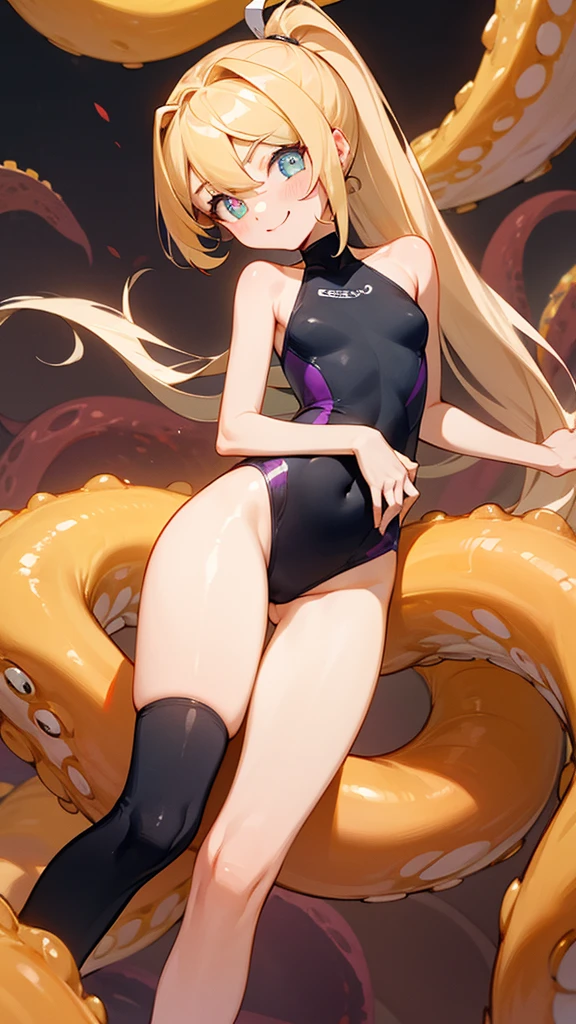 first place girl，Double ponytail hairstyle，Petite and cute，tights，one-piece swimsuit，Navel exposed，Main colors are black and white，heterochromatic pupils，One eye is golden，The other one is purple，blonde，Long straight blonde hair，Just the right bangs，meat leg，Smile，迷人的Smile，许许多多光滑的tentacle，tentacle为背景，tentacle，少女与tentacle嬉戏，gentle，Navel exposed