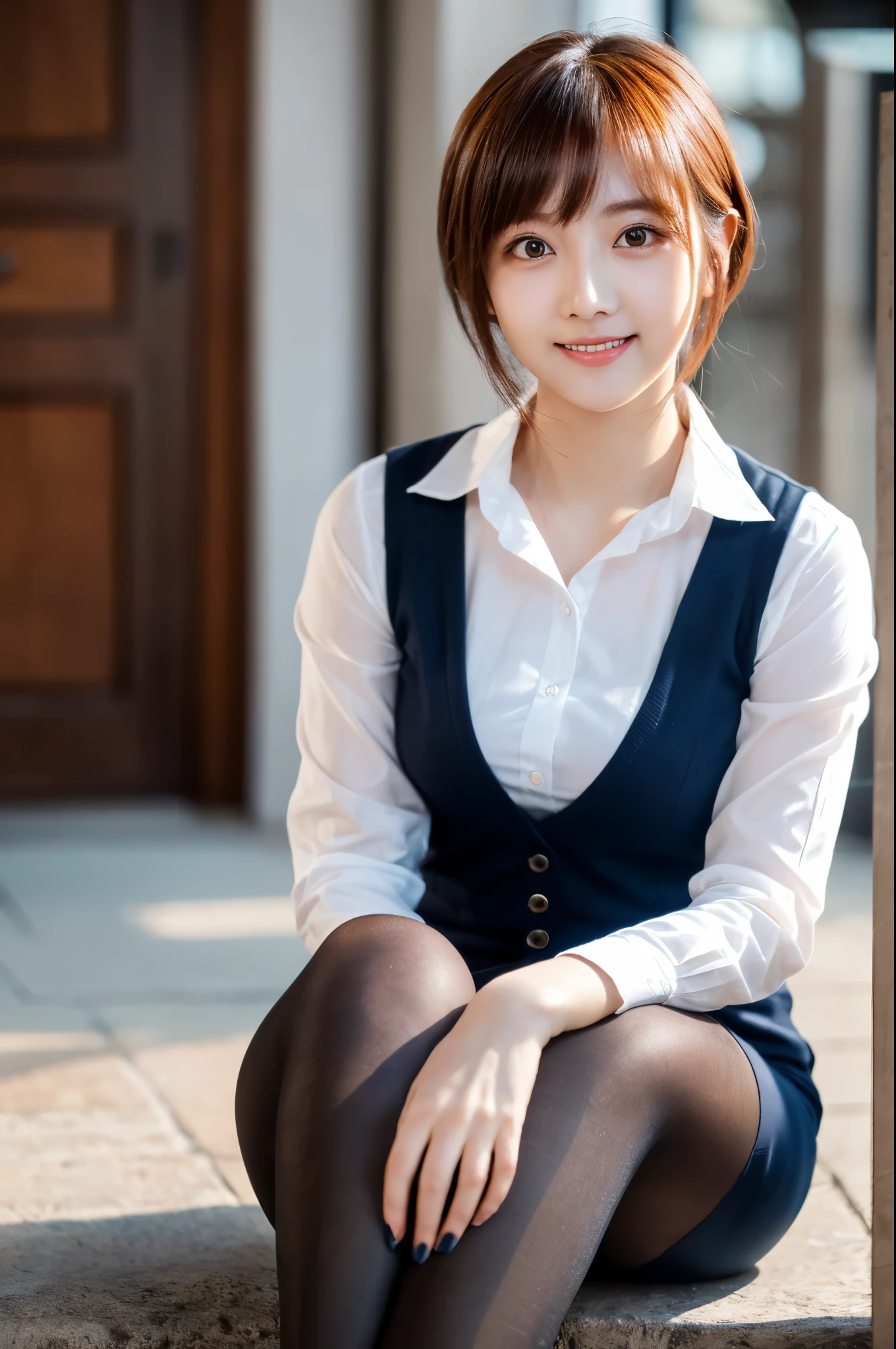 Ulchan-6500-v1.1, (RAW photo:1.2), (Photoreal), beautiful detailed girl, (genuine: 1.4), very detailed目と顔, beautiful and fine eyes, Vests with various patterns、((Sitting with legs aligned:1.3))、(super realistic pantyhose:1.2), (high heels)、(Business service)、(very affectionate smile:1.2)、huge file size, High resolution, very detailed, highest quality, [masterpiece:1.6], enlightenment, very detailed, finely, highest quality, 8k wallpaper, movie lighting, 1 girl, 26 years old, perfect body shape, Cute droopy eyes、beautiful big eyes、highest quality, 1 girl, eye shadow, Upper body, portrait, ((full body shot:1.2))、