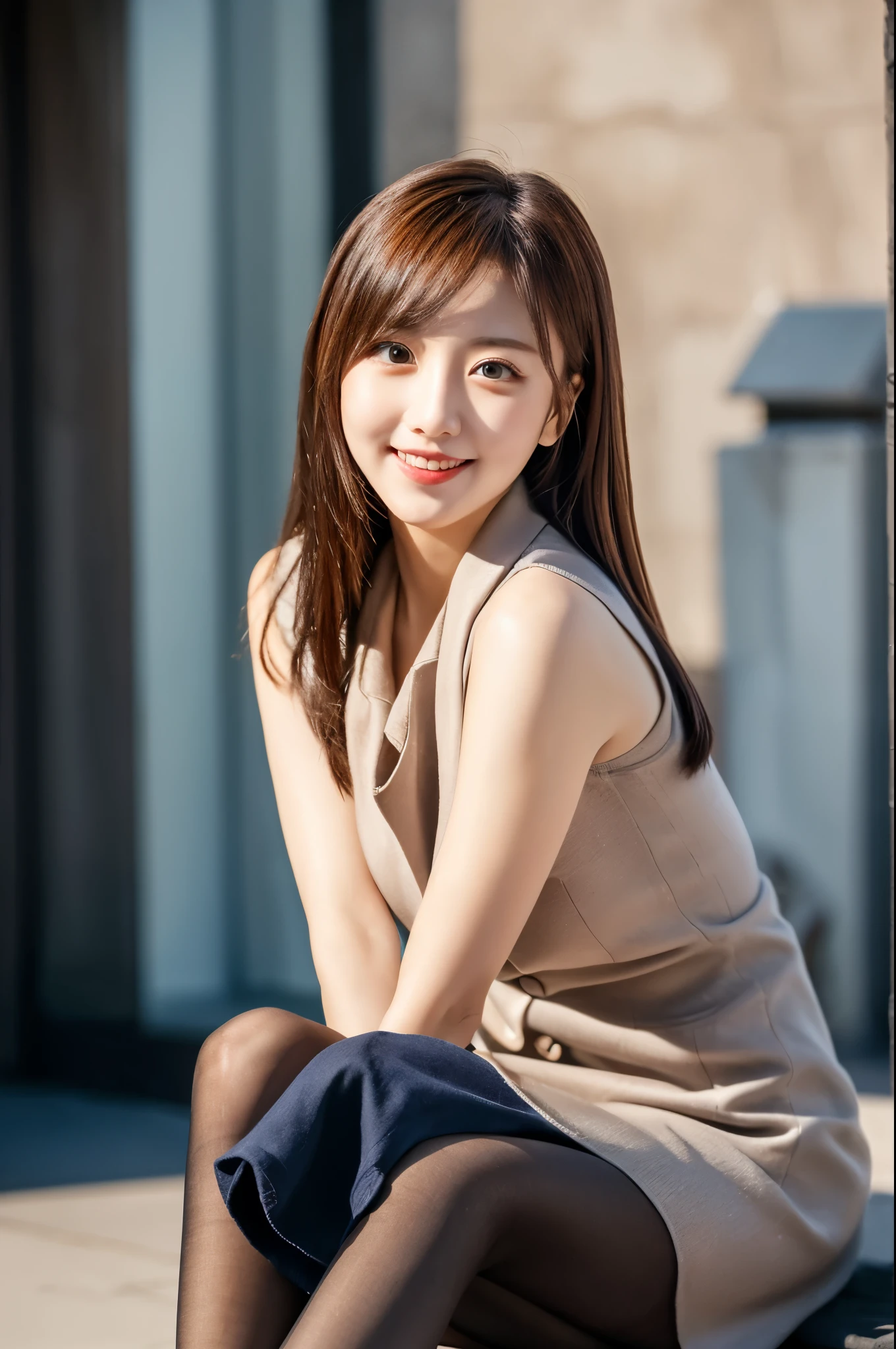 Ulchan-6500-v1.1, (RAW photo:1.2), (Photoreal), beautiful detailed girl, (genuine: 1.4), very detailed目と顔, beautiful and fine eyes, Vests with various patterns、((Sitting with legs aligned:1.3))、(super realistic pantyhose:1.2), (high heels)、(Business service)、(very affectionate smile:1.2)、huge file size, High resolution, very detailed, highest quality, [masterpiece:1.6], enlightenment, very detailed, finely, highest quality, 8k wallpaper, movie lighting, 1 girl, 26 years old, perfect body shape, Cute droopy eyes、beautiful big eyes、highest quality, 1 girl, eye shadow, Upper body, portrait, ((full body shot:1.2))、