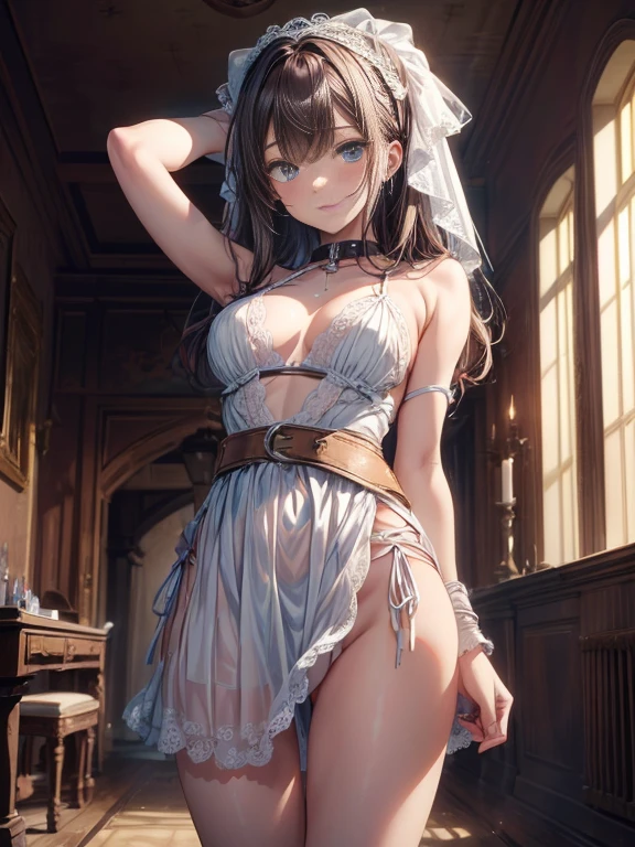 ((masterpiece)), ((best quality)), (ultra-detailed), NSFW, ((torture room)),(torture),(((single belt strongly bound waist))),a cute girl, 1girl, solo, (white lacy slip dress),(both wrists tied above the head using rope), (both wrists hung from the ceiling),((thin waist)),((bdsm)),beautiful pinkbrown hair, beautiful blue eyes, (beautiful eyes), long hair,troubled expression