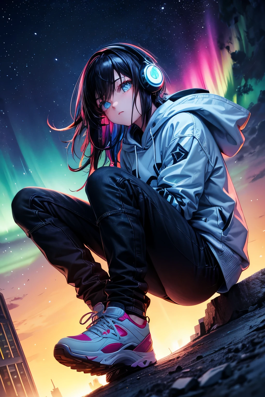 Top quality, high resolution, perfect human structure,, wasteland, jumping, snowboarding, from below, evening, night, northern lights, moon, loneliness, black hair, headphones, hoodie, jeans, sitting, top angle, clothes, near future, city, neon colors, colorful, graphic design, multicolored hair, star-shaped pupils, wavy hair