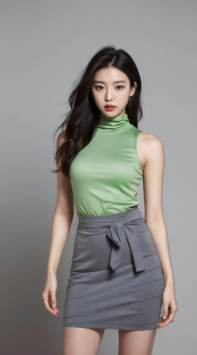 She is wearing a green top and a gray skirt.,turtleneck, 、 ,A woman with the same face as last time(misaki),4K、1people's women、slender、 Loose wavy styling 、seductive and attractive、full body shot,Including face and skin texture,detailed eyes、a seductive look
