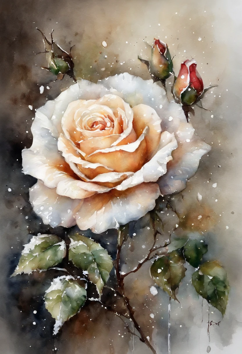 HD，masterpiece，official art aesthetic。(((watercolor：1.5.))).((winter，rusty wire，A thorny white rose covered in snow，Snow on petals and leaves，Add a splash of bright red。))。watercolor纸覆盖纹理，Wet application，soil，splash，Flowing water marks。high saturation，dark background，Large aperture，facula，contrast between warm and cold，perfect composition。Artistic creativity：1.37。famous，International award-winning works。