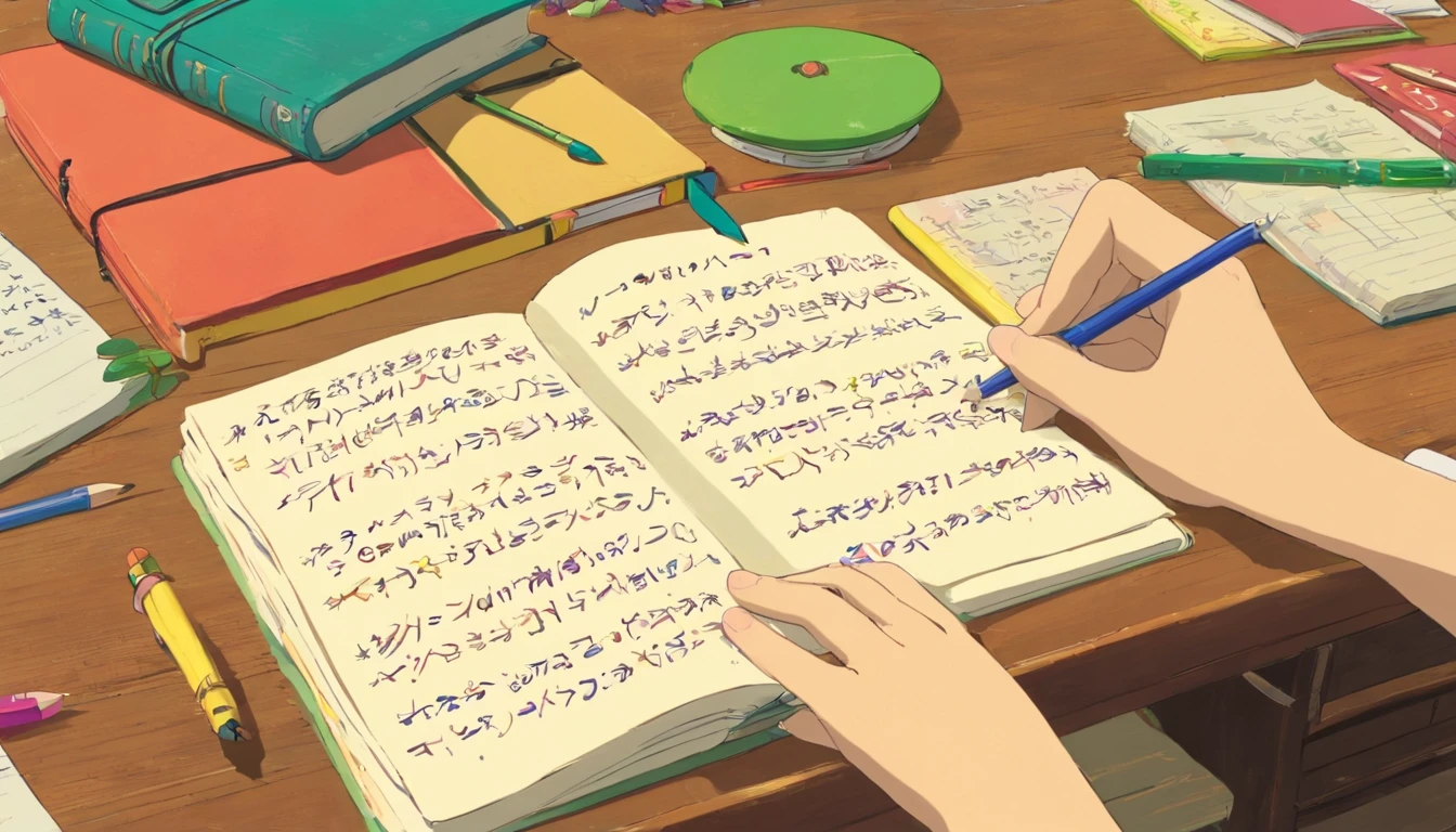 A close-up image showcasing a student’s hand writing notes in a notebook, with colorful textbooks and study materials spread out on a desk, representing the process of active learning and the organization of knowledge