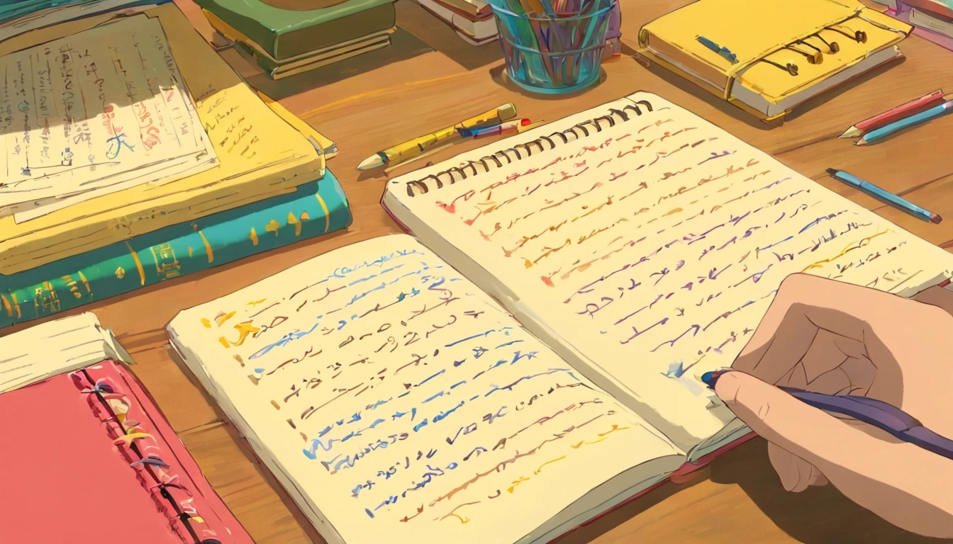 A close-up image showcasing a student’s hand writing notes in a notebook, with colorful textbooks and study materials spread out on a desk, representing the process of active learning and the organization of knowledge