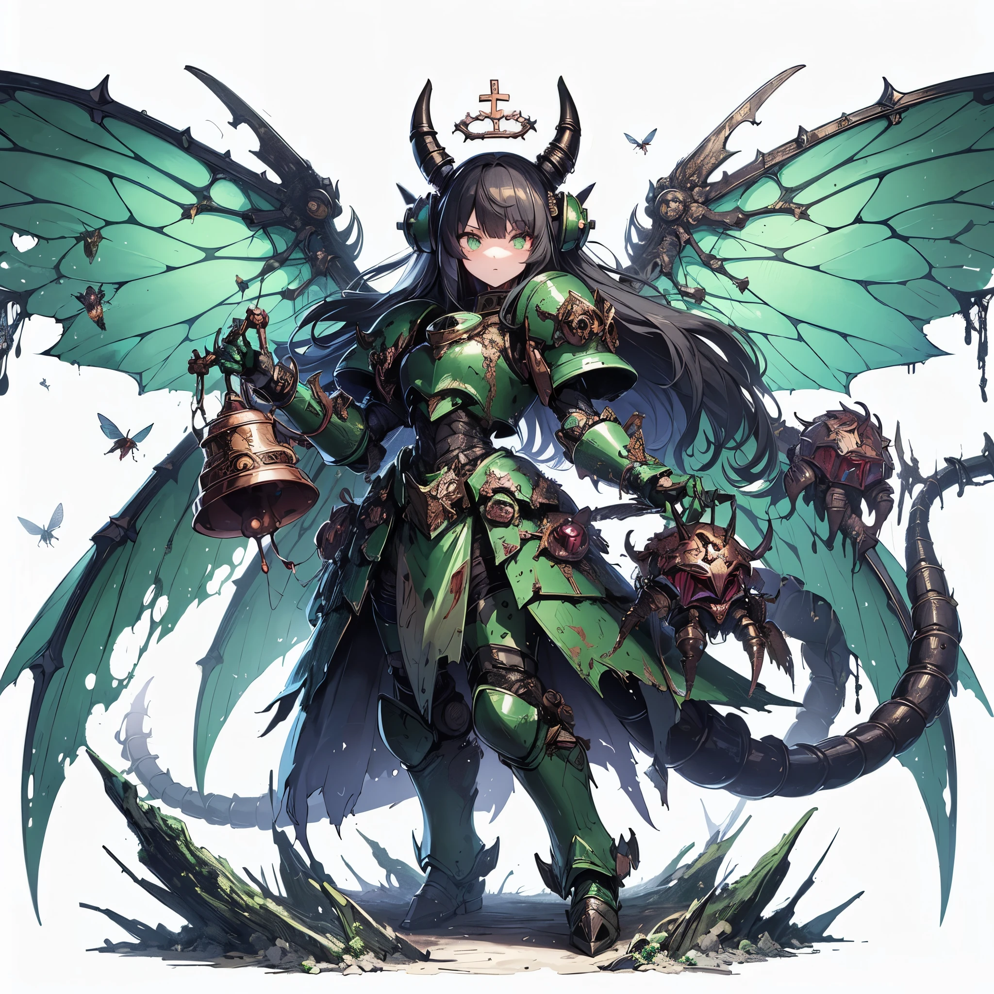 Masterpiece, best quality, ultra-detailed, anime style, Chaos Demon girl, muddy green power armor, insect wing spread, Warhammer 40K, held copper bell, huge claw and tail, supernatural Lightning and miasma, ((three-brass bell symbol)), 8k high resolution, trending art station, white background, whole body, standing dark forest
