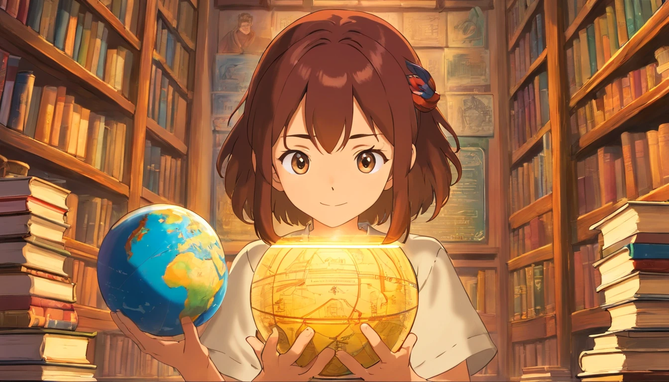An artistic representation of a student holding a globe in their hands, with books stacked around them, symbolizing the interconnectedness of education and the idea of learning about the world and different cultures
