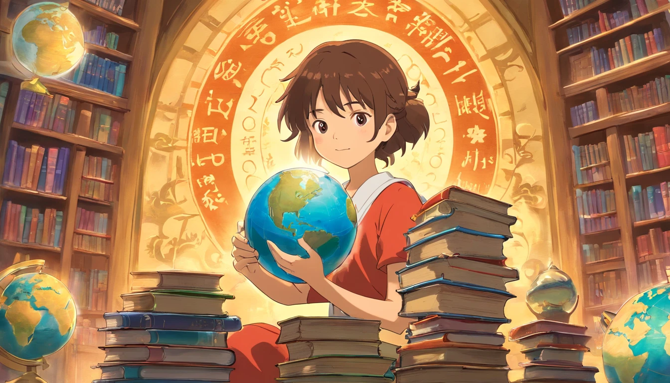 An artistic representation of a student holding a globe in their hands, with books stacked around them, symbolizing the interconnectedness of education and the idea of learning about the world and different cultures