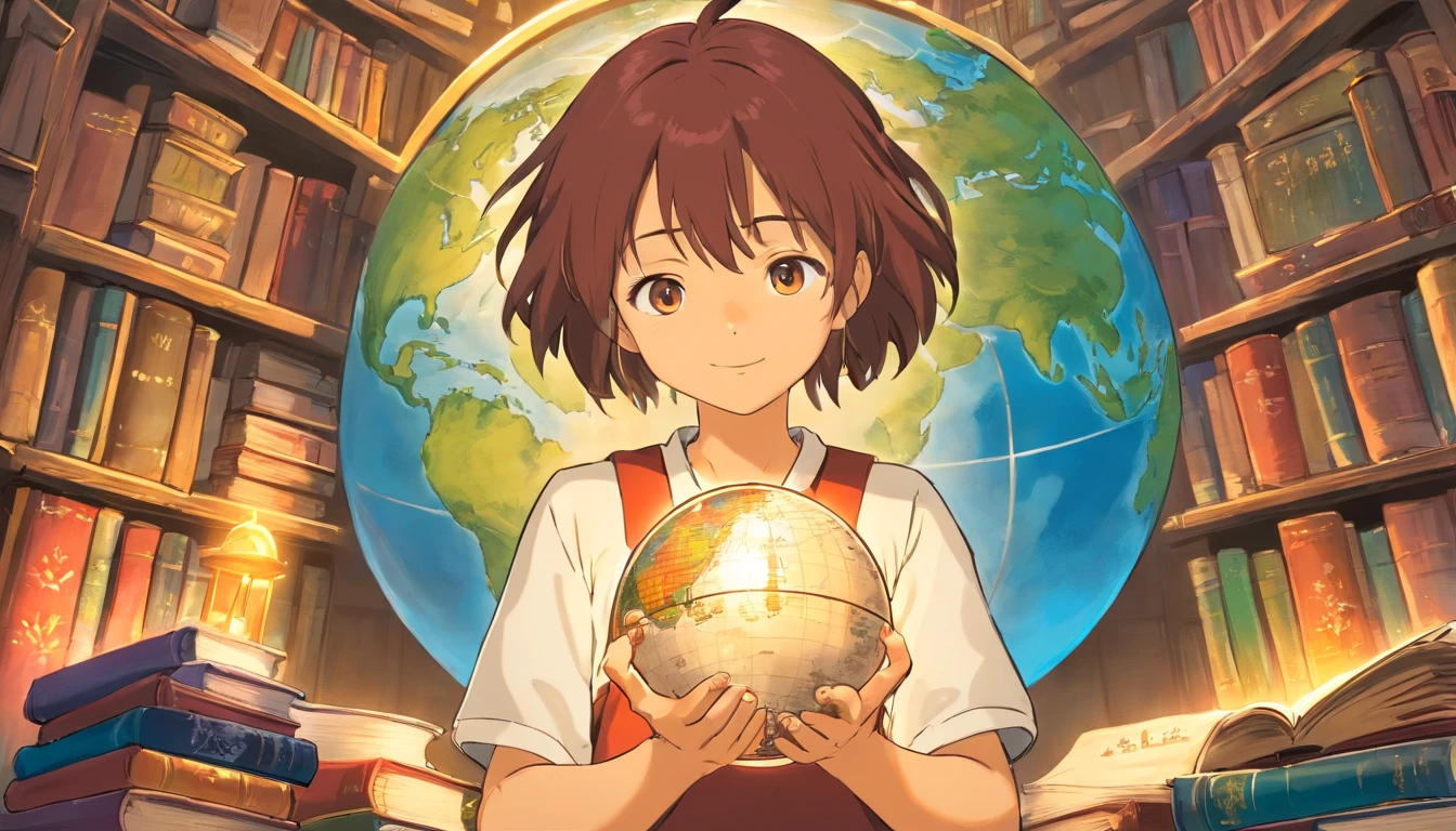 An artistic representation of a student holding a globe in their hands, with books stacked around them, symbolizing the interconnectedness of education and the idea of learning about the world and different cultures