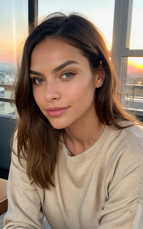 22 years old with luxurious brown hair, incredibly beautiful, smile, green eyes, as natural as possible, she has no spots or pimples on her body, tanned skin, selfie pic, as realistic as possible, seductive smirk. She’s wearing a black hoodie and black joggers, hugging her curves perfectly. She’s in a luxurious hotel room in Tahiti. The photo is taken at night with the hotel lighting, not blur background, natural photo, realistic, photographic, photo, realistic background, extremely realistic and detailed face, incredibly realistic skin texture, detailed pores, natural lighting effects, with chestnut, zero moles on her body, dark circles, natural skin, large natural breast, nice lean body, full body pic, natural little, selfie picture, natural little.