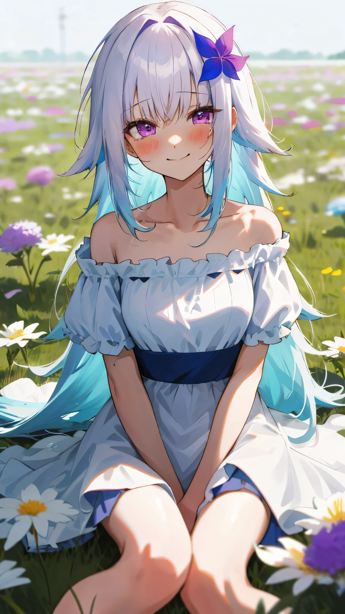 One girl with long messy hair, bangs, white hair, blue inner hair:1.25) , purple eyes, looking at viewer, blushing, little smile, tears, smiling, outdoor, grass, flower, spread legs, kneeling pose, sitting, white dress, bare shoulders, collarbone, short sleeves, bare legs, mid-chest, day atmosphere, flower hair ornament, medium breasts, focus, blurry background, 