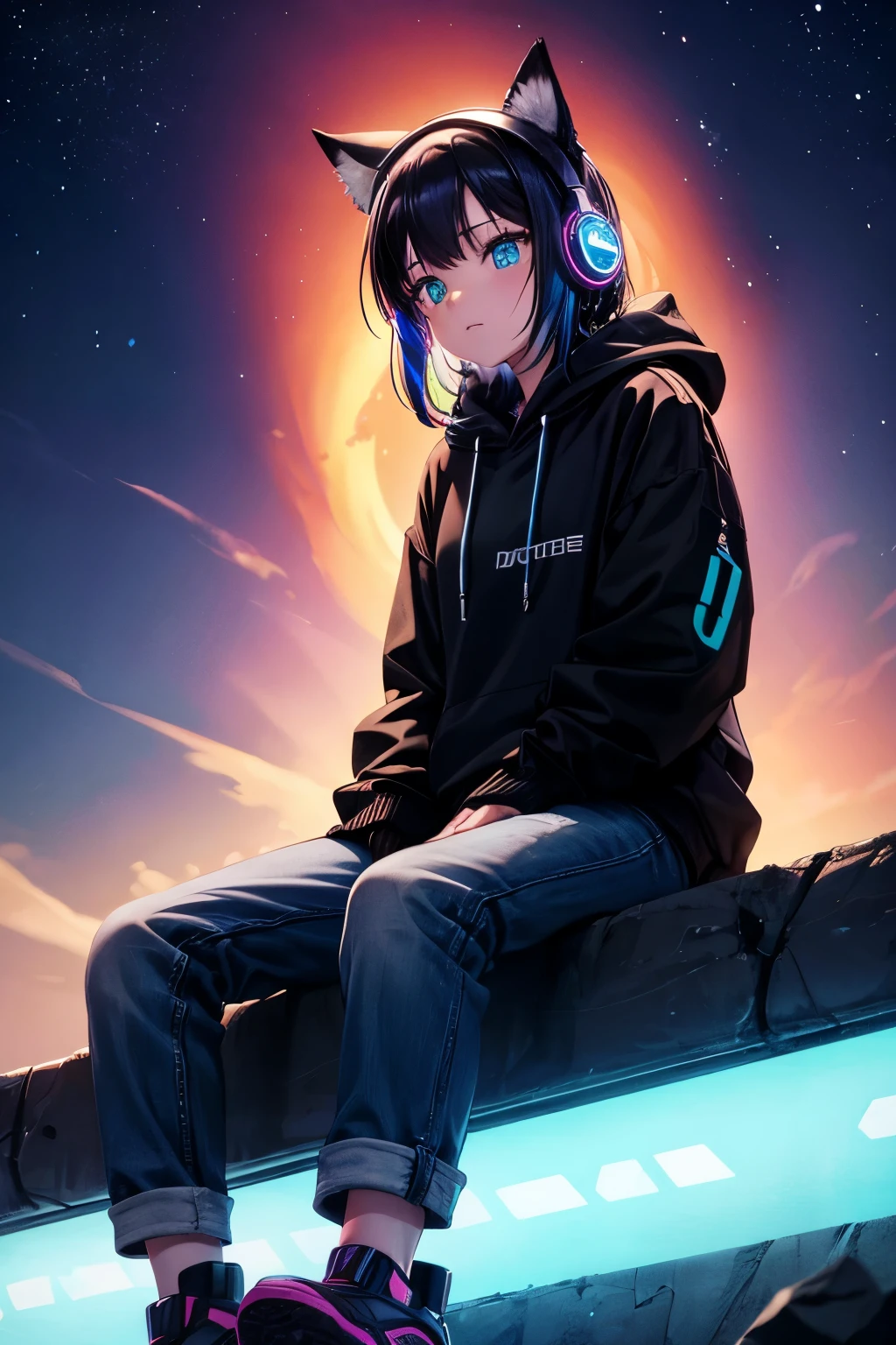 Top quality, high resolution, perfect human structure,, wasteland, jumping, snowboarding, from below, evening, night, northern lights, moon, loneliness, black hair, headphones, hoodie, jeans, sitting, top angle, clothes, near future, city, neon colors, colorful, graphic design, multicolored hair, star-shaped pupils, wavy hair,猫耳