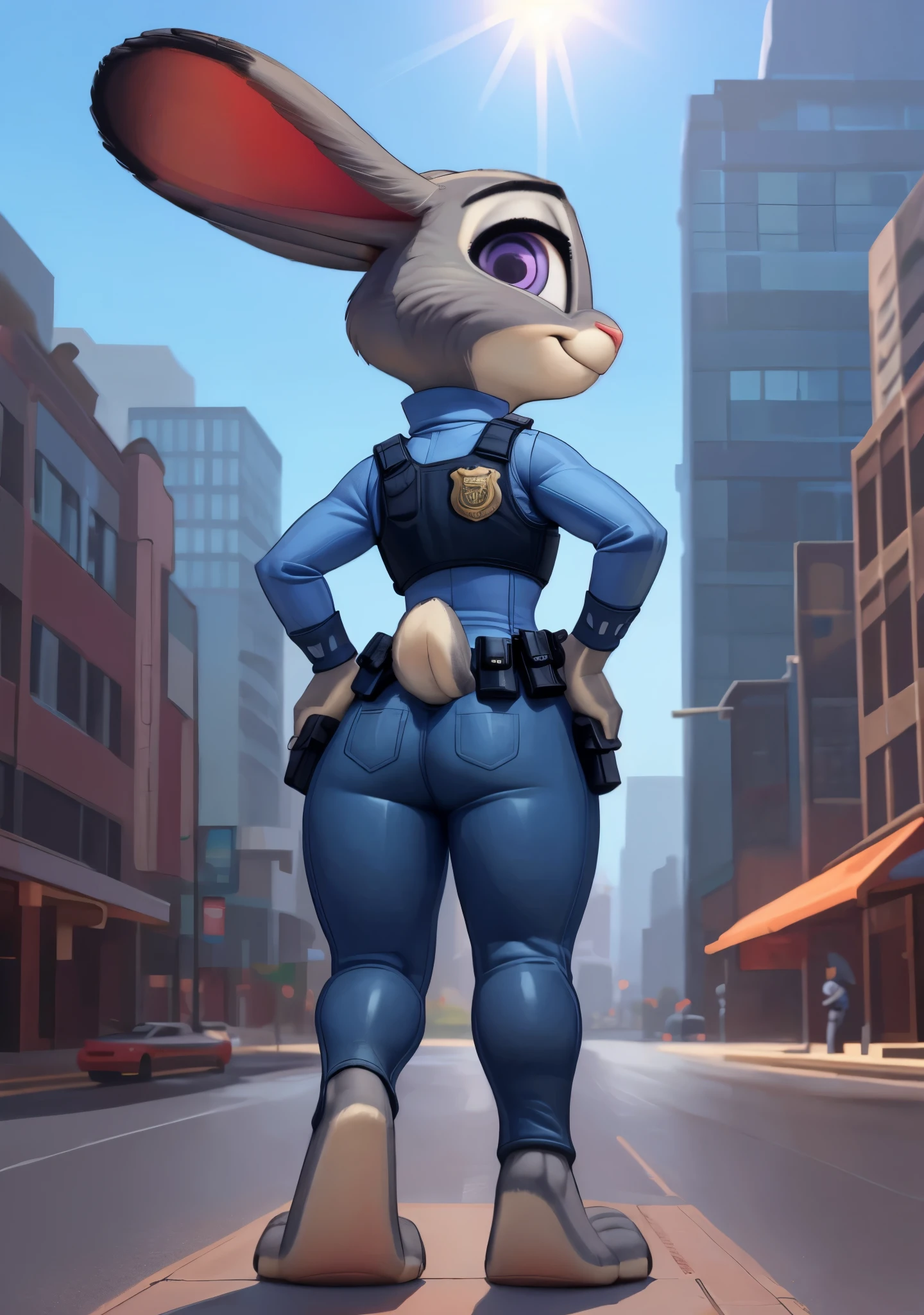 [JudyHopps], [Uploaded to e621.net; (Pixelsketcher), (wamudraws), (siroc)], ((masterpiece)), ((HD)), ((high res)), ((solo portrait)), ((full body)), ((back view)), ((feet visible)), ((furry; anthro)), ((detailed fur)), ((detailed shading)), ((beautiful render art)), {anthro rabbit; grey fur, black nose, (multicolored rabbit ears), (cute purple eyes), (curvy hips), (beautiful legs), (beautiful feet), (detailed furry soles), (cute smirk)}, {(police uniform), (ZPD police badge), (tight blue pants)}, {(standing), (hands on hip), (looking back), (looking at viewer)}, [background; (zootopia city), (skyscrapers), (blue sky), (sun rays)]
