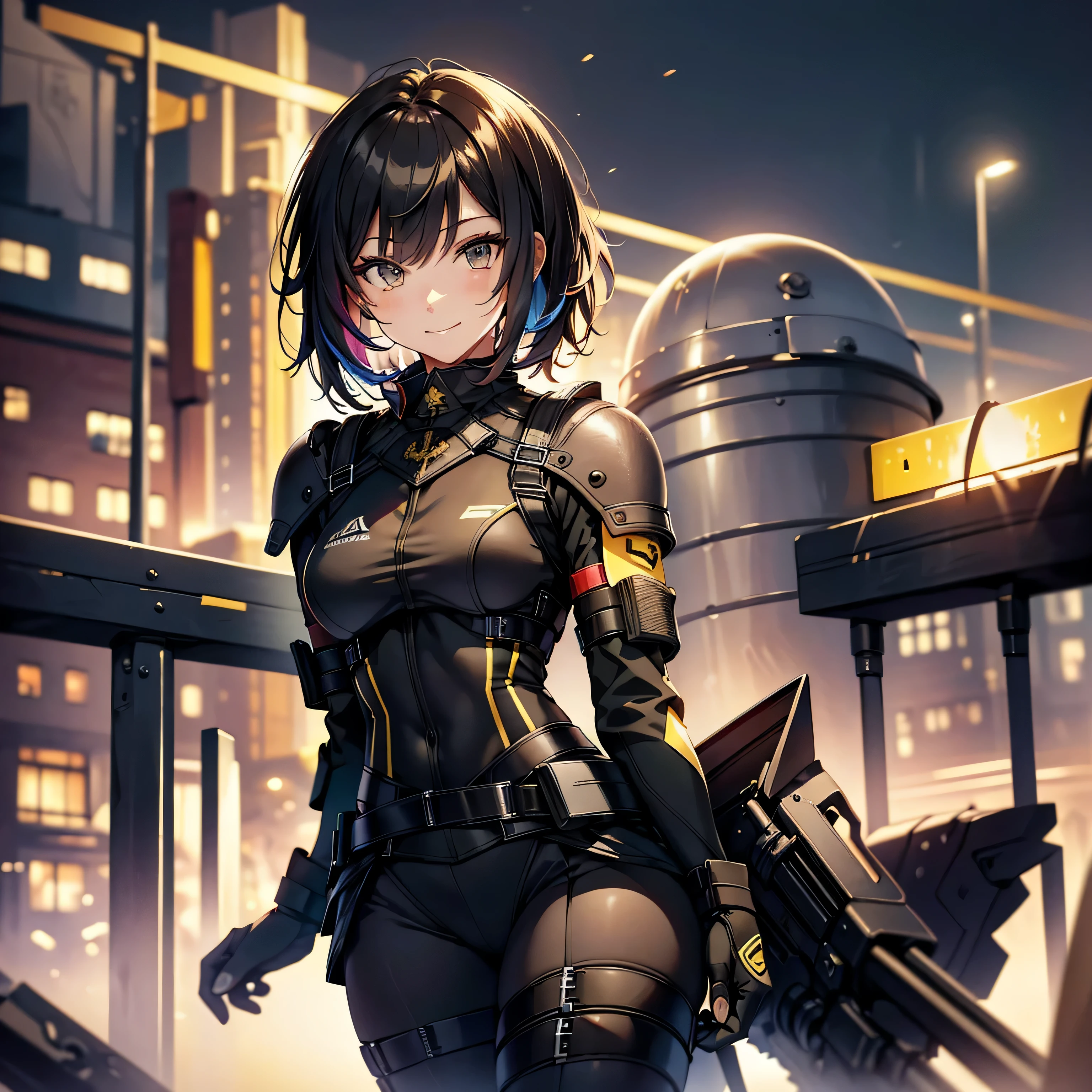 highest quality，T Masterpiece，final solution，Fluffy，非常にcolorful，colorful，female combatant，24-year-old woman，black super short hair，tight combat uniform，tight suit，steel city background，night，normal posture，normal posture、Gentle smile