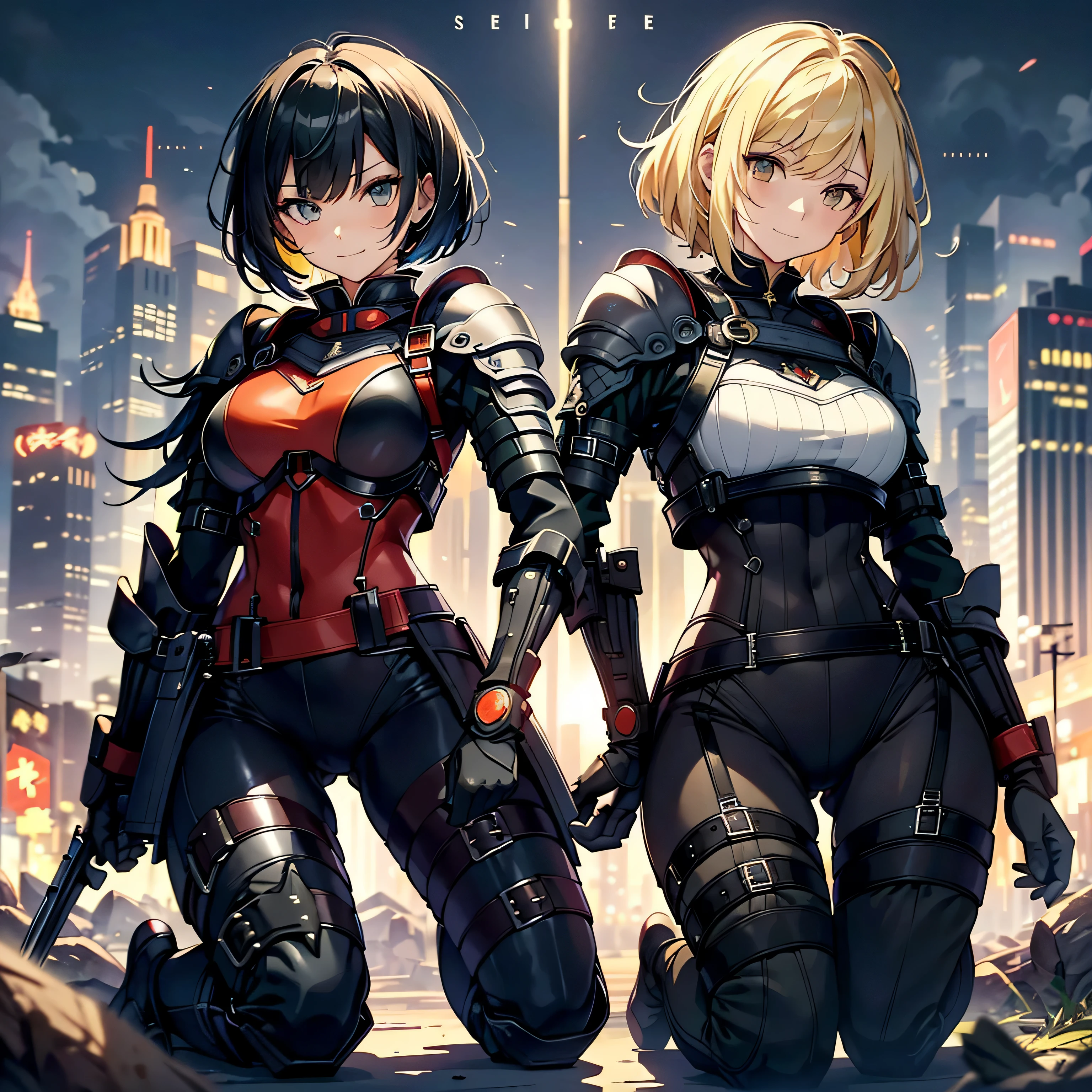 highest quality，T Masterpiece，final solution，Fluffy，非常にcolorful，colorful，female combatant，（kneeling pose）（pointing at your ass）mature woman，black super short hair，tight combat uniform，tight suit，steel city background，night，normal posture，normal posture、Gentle smile