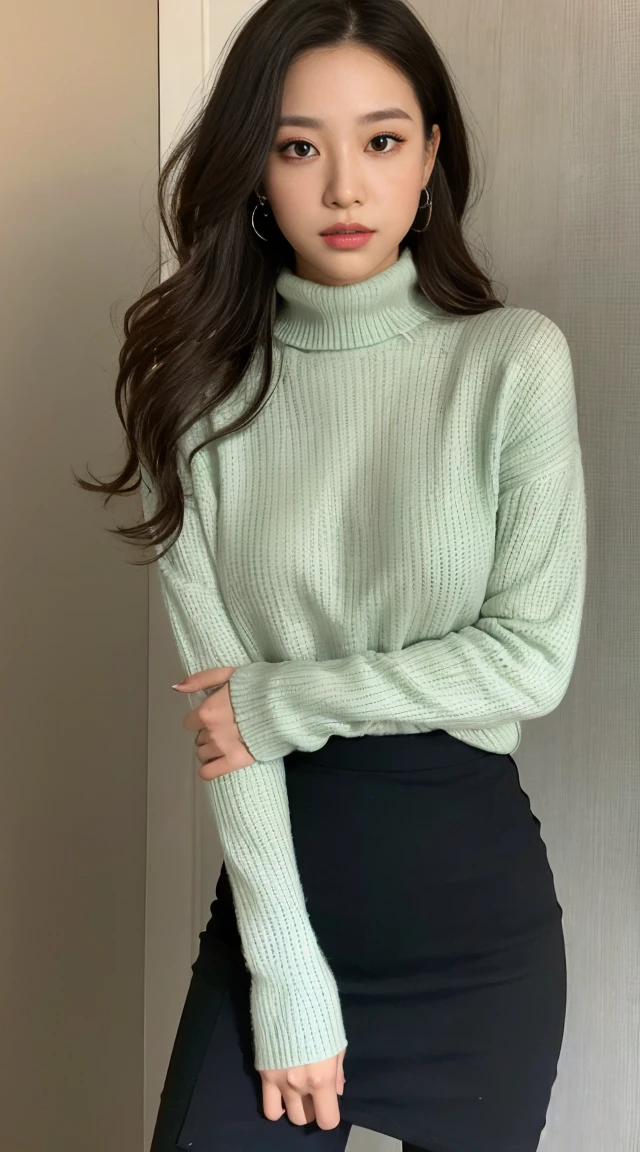 She is wearing a green top and a gray skirt.,turtleneck,Be braless 、not wearing anything under clothes ,A woman with the same face as last time(misaki),4K、1people's women、slender、 Loose wavy styling 、seductive and attractive、full body shot,Including face and skin texture,detailed eyes、a seductive look