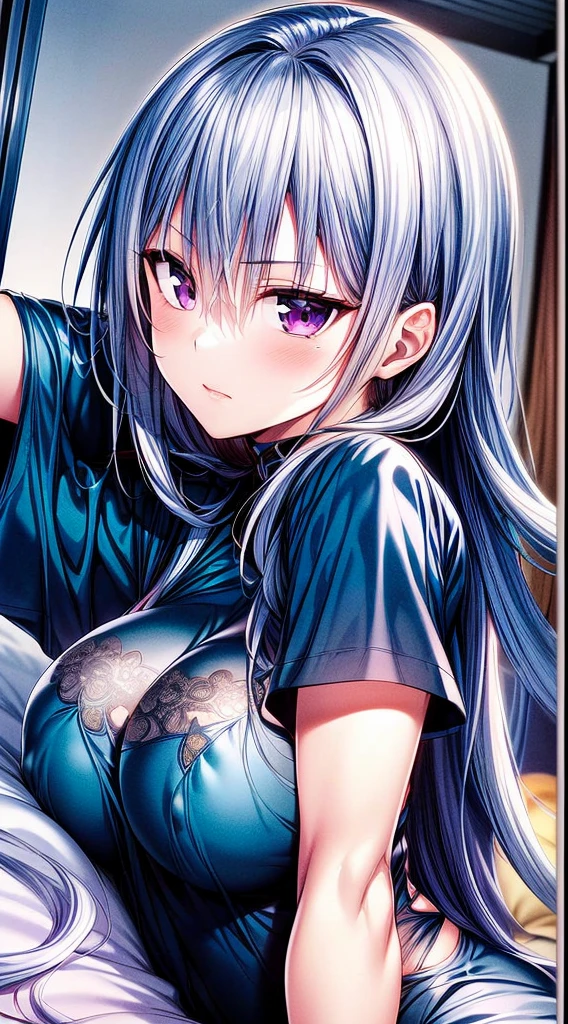 （Enrich the picture，Masterpiece level quality）Beautiful 8K CG artwork,1girl,solo,rinko akiyama(taimanin),detailed face, perfect face, perfect eyes,purple eyes,Long Hair,Very long hair,hair between eyes,blue hair,big boob,Slim and soft,big breasts,in the bed,