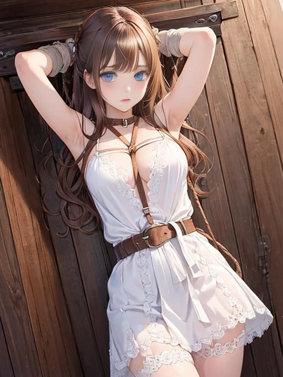 ((masterpiece)), ((best quality)), (ultra-detailed), NSFW, ((torture room)),(torture),(((single belt strongly bound waist))),a cute girl, 1girl, solo, (white lacy slip dress),(both wrists tied above the head using rope), (both wrists hung from the ceiling),((thin waist)),((bdsm)),beautiful pinkbrown hair, beautiful blue eyes, (beautiful eyes), long hair,troubled expression