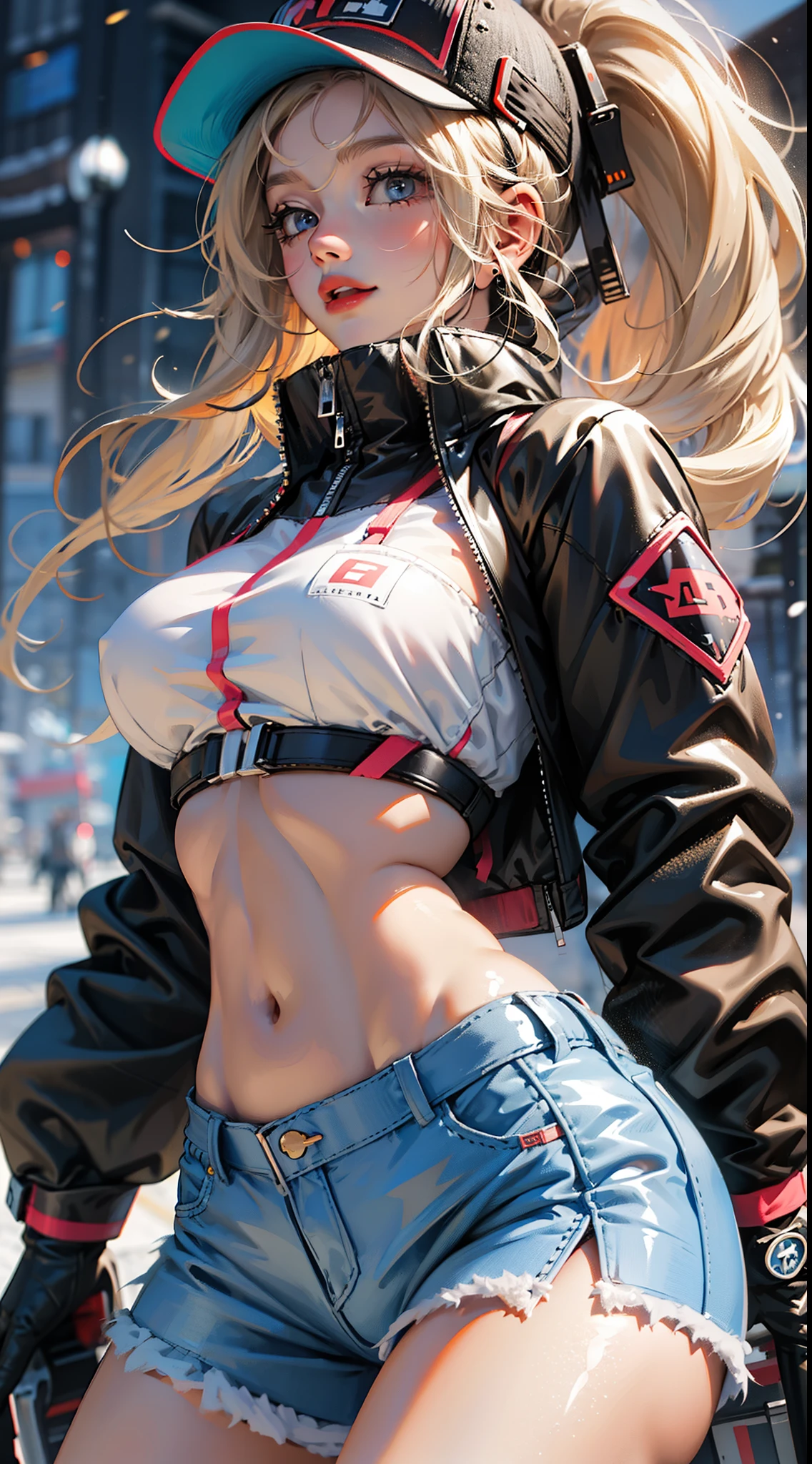 Young girl, long blonde hair, high ponytail, blue eyes, sports top, shorts, big breasts, smile, karambit, masterpiece, high quality