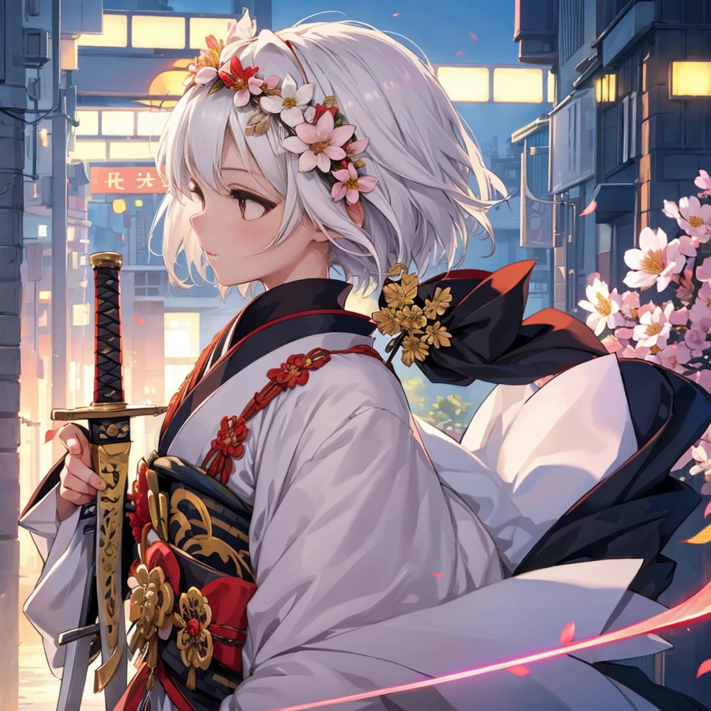 One girl, solo, bust, looking away, white hair, hair ornament, kimono, future city background, holding, short hair, brown eyes, from side, upper body, (holding weapon, sword, weapon), blade, jewelry, flower, flower in hair, electronic