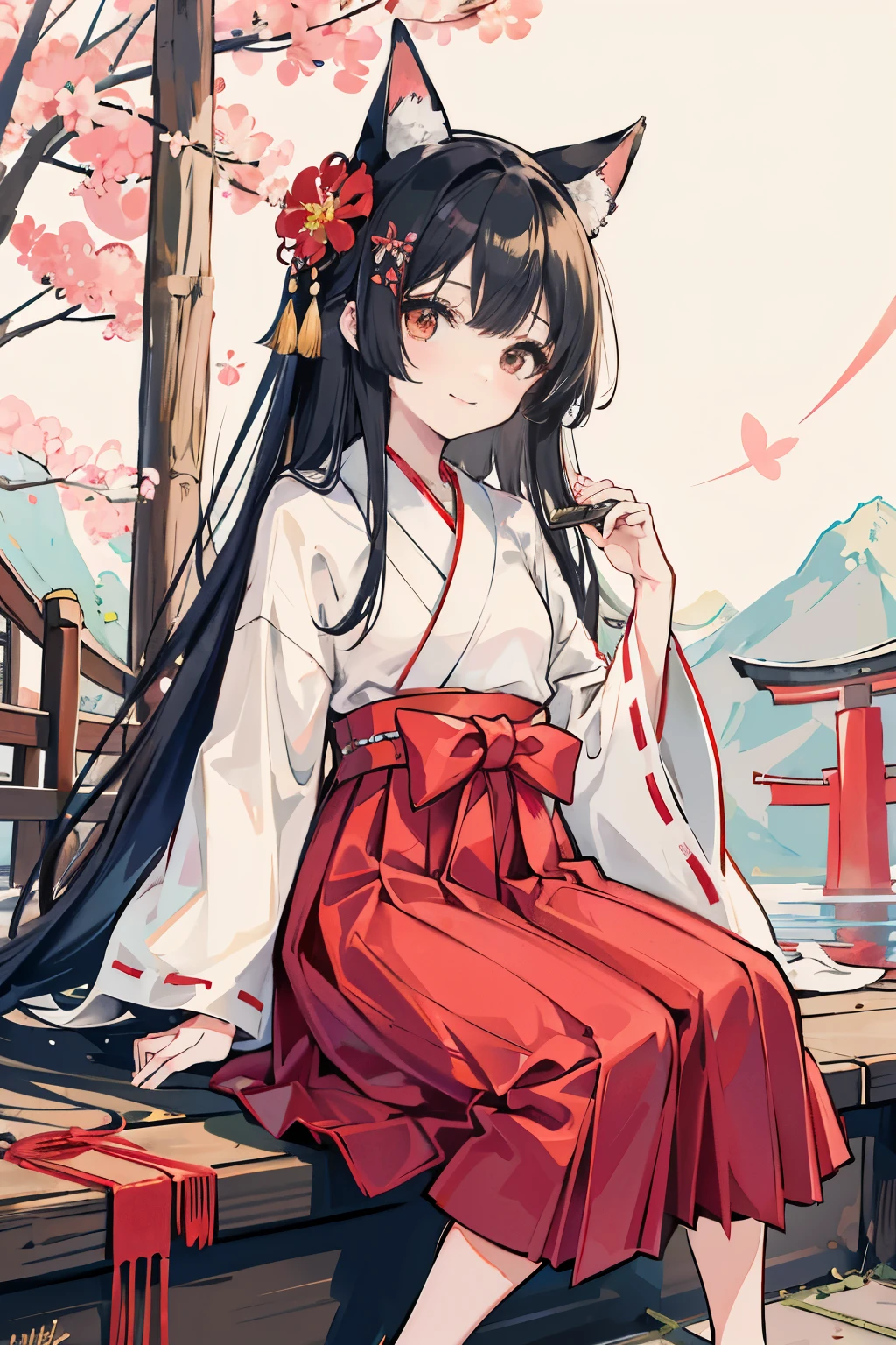 the lady is sitting on the steps with traditional japanese attire, 1girl, japanese clothes, stairs, torii, animal ears, miko, solo, black hair, long hair, sitting, fox ears, outdoors, hair ornament, flower, hakama, hair flower, red hakama, hakama skirt, looking at viewer , grin, ((kiddie, JC,littlegirl,kodomo))