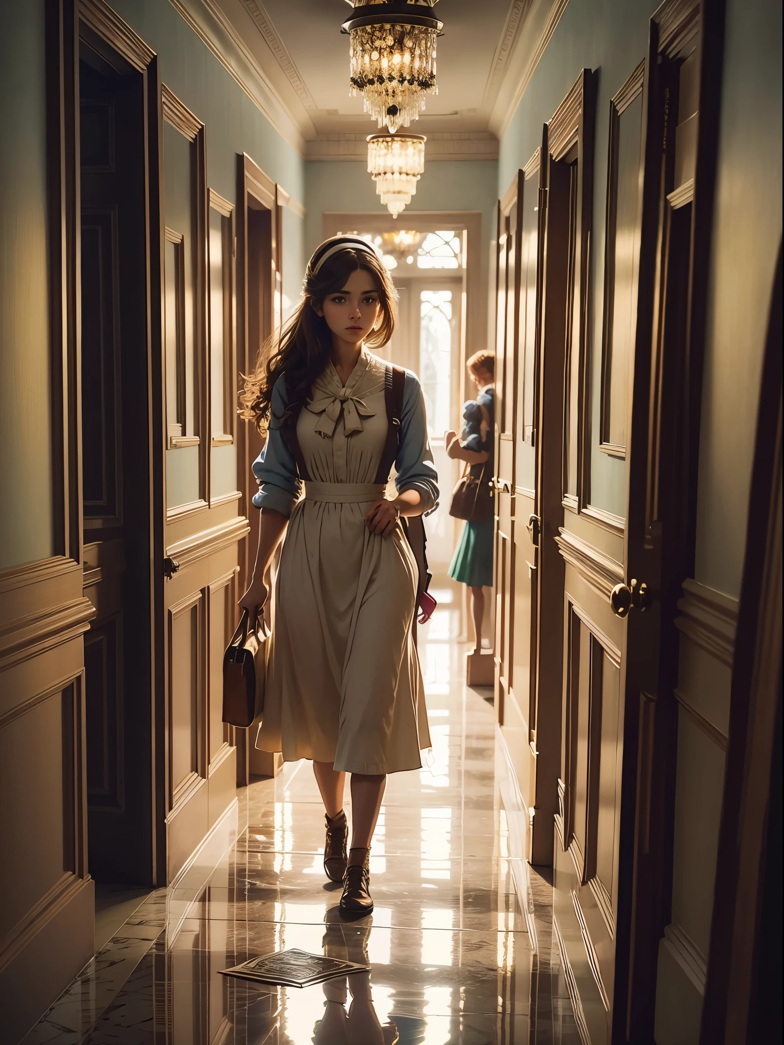 illustration of A young American woman (mid-twenties) with neatly cropped brown hair and deep, curious eyes hold a hint of social awkwardness and determination. She wears a spotless grey maid's uniform, gripping a feather duster. An opulent hotel corridor with polished marble floors. A half-open door reveals a messy room, hinting at intrigue. A tucked-away notebook, A nearby open book. A fleeting shadow plays around her eyes, reflecting the investigation's challenges. Capture Molly's sharp mind, kindness, and quiet strength as she faces a complex world on her terms.