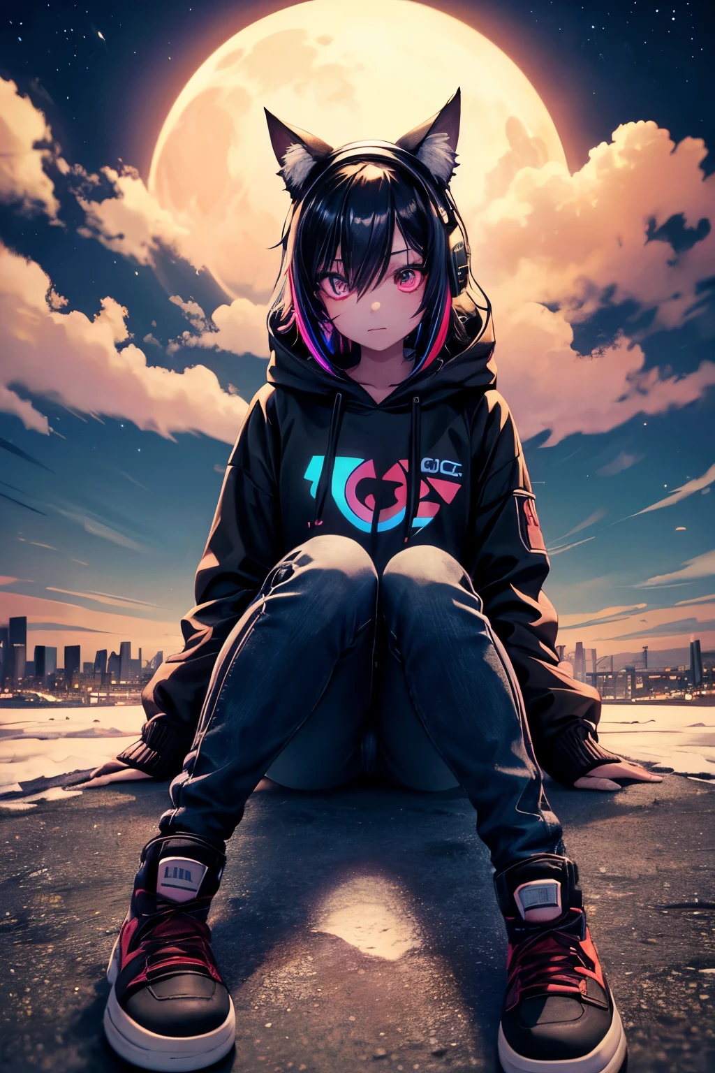 Top quality, high resolution, perfect human structure,, wasteland, jumping, cat ears, snowboarding, from below, evening, night, northern lights, moon, solitude, black hair, headphones, hoodie, jeans, sitting, angle from above, clothes, near future, city, neon colors, colorful, graphic design, multicolored hair, star-shaped pupils, wavy hair