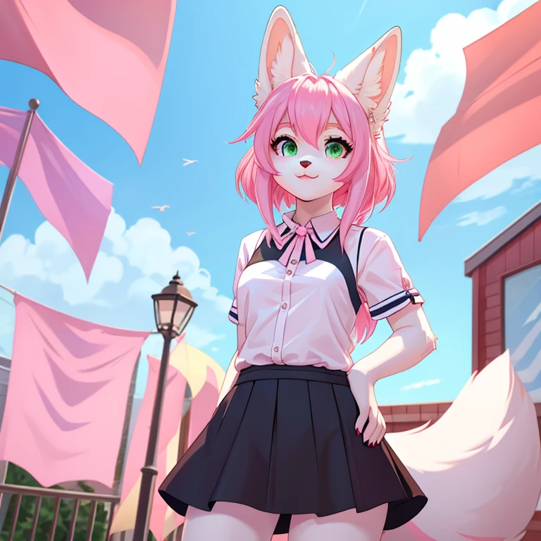 Female bunny fox hybrid with white fur, Green eyes and long Pink hairs with Blue accents she is wearing Black top with pink Blue white flag on it and Black skirt