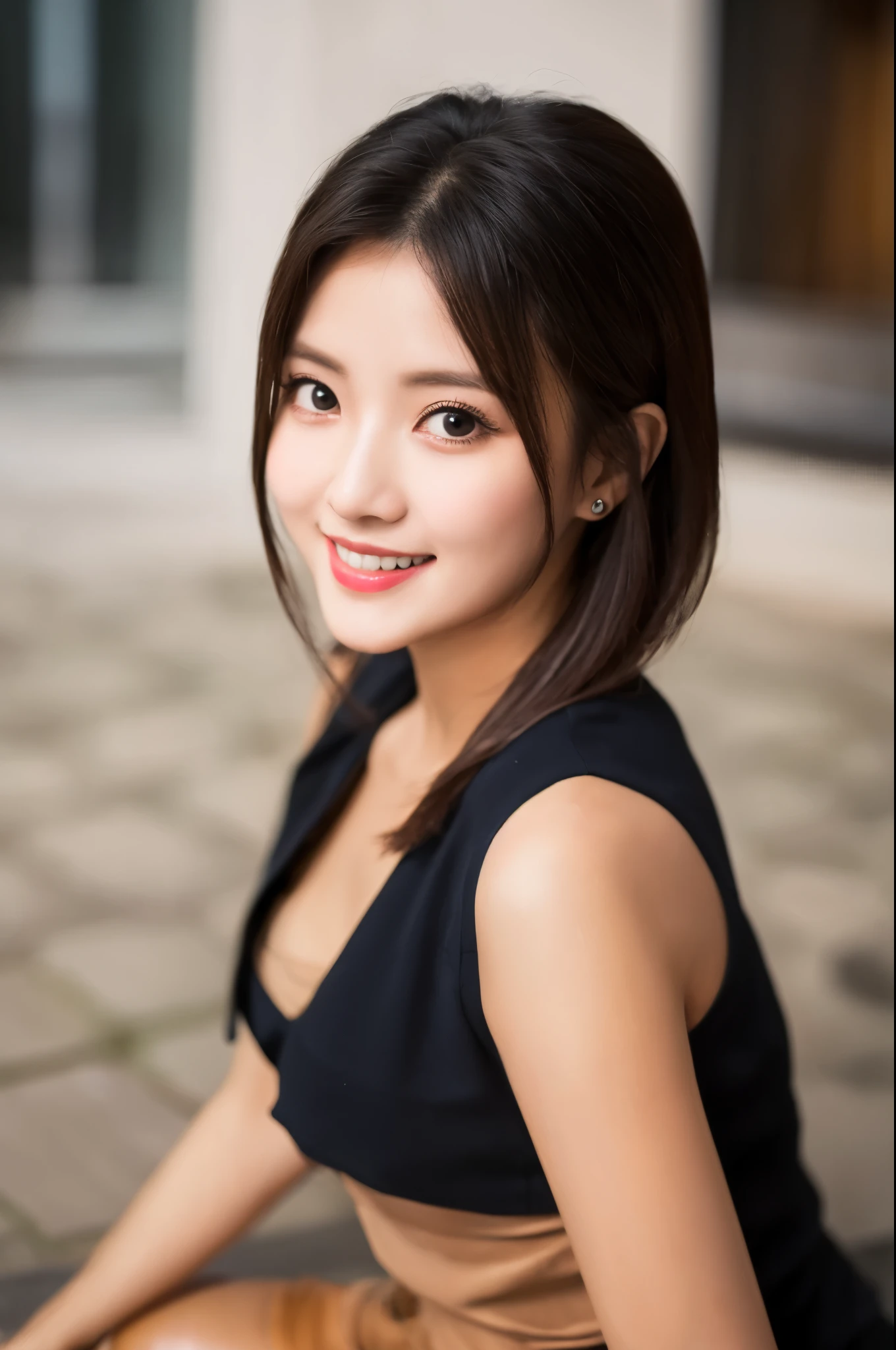 Ulchan-6500-v1.1, (RAW photo:1.2), (Photoreal), beautiful detailed girl, (genuine: 1.4), very detailed目と顔, beautiful and fine eyes, Vests with various patterns、((Sitting with legs aligned:1.3))、(super realistic pantyhose:1.2), (high heels)、((Business service))、(very affectionate smile:1.2)、huge file size, High resolution, very detailed, highest quality, [masterpiece:1.6], enlightenment, very detailed, finely, highest quality, 8k wallpaper, movie lighting, 1 girl, 26 years old, perfect body shape, Cute droopy eyes、beautiful big eyes、highest quality, 1 girl, eye shadow, Upper body, portrait, ((full body shot:1.2))、