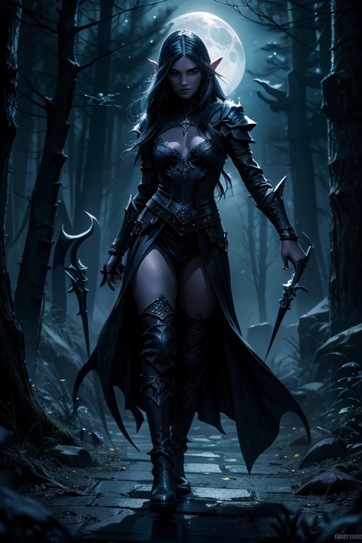 (a rogue drow elf:1.1,with black hair),dark and mysterious,elven assassin,nocturnal aura,stealthy figure,cunning smile,piercing gaze,deadly weapons,tattooed sleeves,enchanted daggers,emerald eyes,purple-black lipstick,leather armor,moonlit forest,shadowy hideout,starlit skies,moonlight glinting on her blades,mysterious aura,dangerous beauty,wisps of magic,dancing shadows,silent footsteps,glimmering moonstone necklace,ancient elven script,unseen in the darkness,swift and agile movements,eerie silence,night's embrace,rogue among rogues,feared and respected,haunting melodies,moonlit dance of blades,(highres:1.2),detailed textures,glimmering moonlight,deep shadows,subtle gradients,ethereal atmosphere,elven elegance,hint of danger,sublime artistry,hauntingly beautiful,mesmerizing charm,dark arts mastery