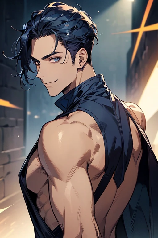 ((muste piece)), ((best quality)), ((brown skin)), ((dark blue eyes)), ((Dark blue hair))、handsome man , ((very very short hair、No bangs、Forehead、all back)), masculine、tall、sexy、Adult man、Three white eyes、handsome man、Kowamote、firmly、muscular、broad shoulders、smile、wild、とてもwild、