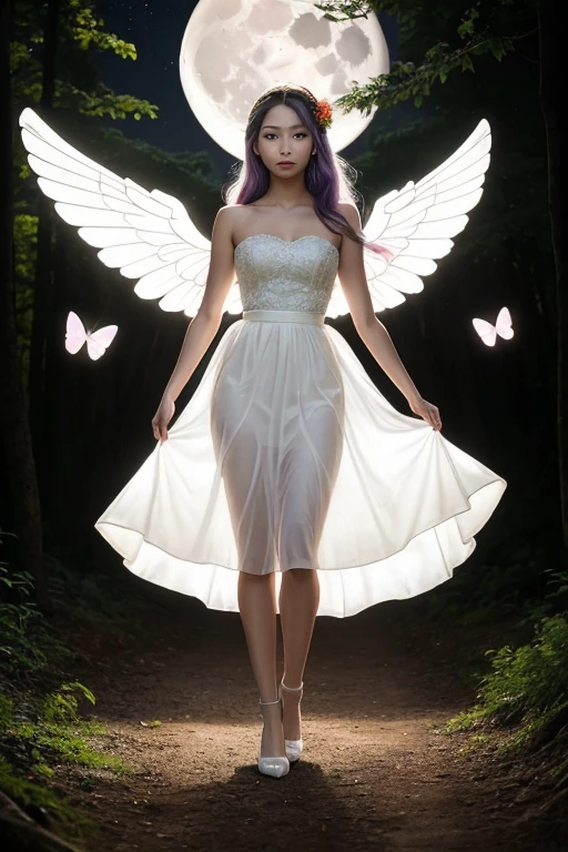 Portrait of an Asian woman, fair skin, clear face, long light purple hair. Strapless white silk, light and airy, long clear skirt, wearing clear glass shoes. There was a slight sparkle of light all around. white light circle on head Fluttering on clear wings like an angel, fluttering in the air in the forest. small butterflies all around There is a large evergreen tree that is 100 years old. The picture is gentle, a lush green forest, decorated with flowers. At night, the moon is full, the stars are shining, and on the side there is candlelight. Realistic photos, bright images Surreal picture full body view high resolution full view 