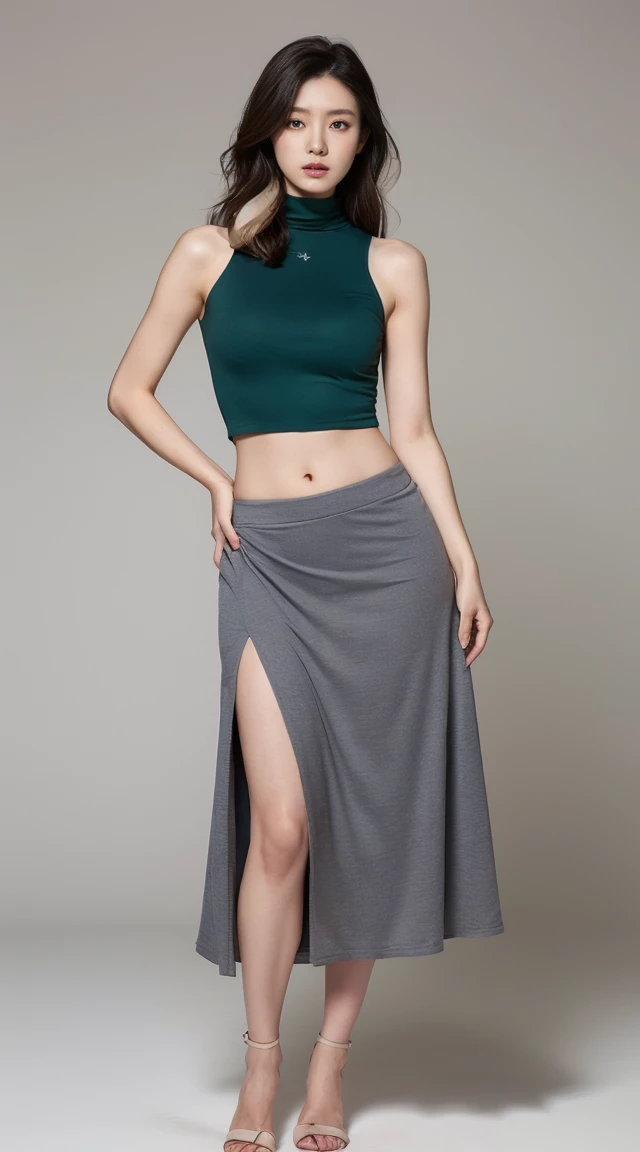  She is wearing a green top and a gray skirt.,turtleneck,Be braless 、not wearing anything under clothes ,A woman with the same face as last time(misaki)，４Ｋ、１people&#39;s women、slender、 Loose wavy styling 、seductive and attractive、full body shot,Including face and skin texture，detailed eyes、a seductive look