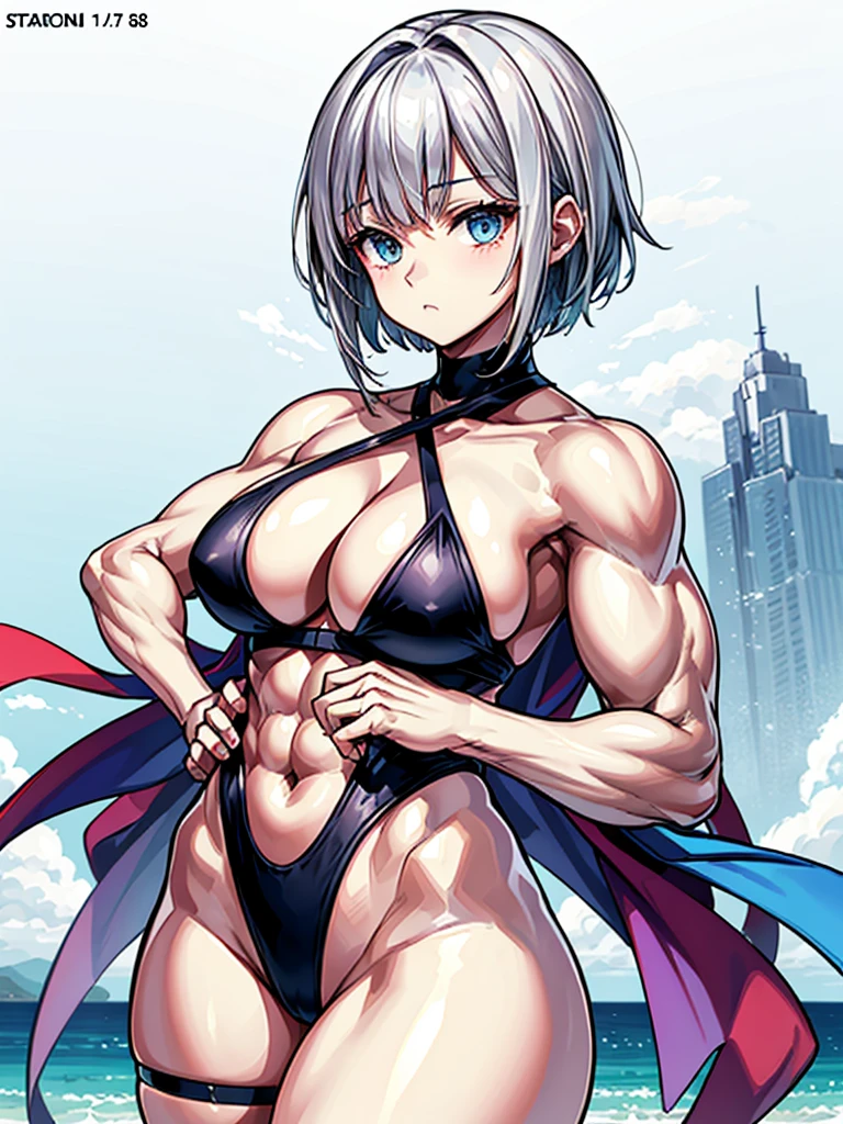 (((masterpiece、Highest image quality、highest quality、highly detailed unity 8kwallpaper)))、((Illustration of one girl))、(((beautiful girl)))、((white hair、short hair、crew cut:1.7、light blue eyes))、(((stocky build, thickset physique, muscular legs, broad shoulders, solid chest:1.9)))、swimsuit、sandy beach