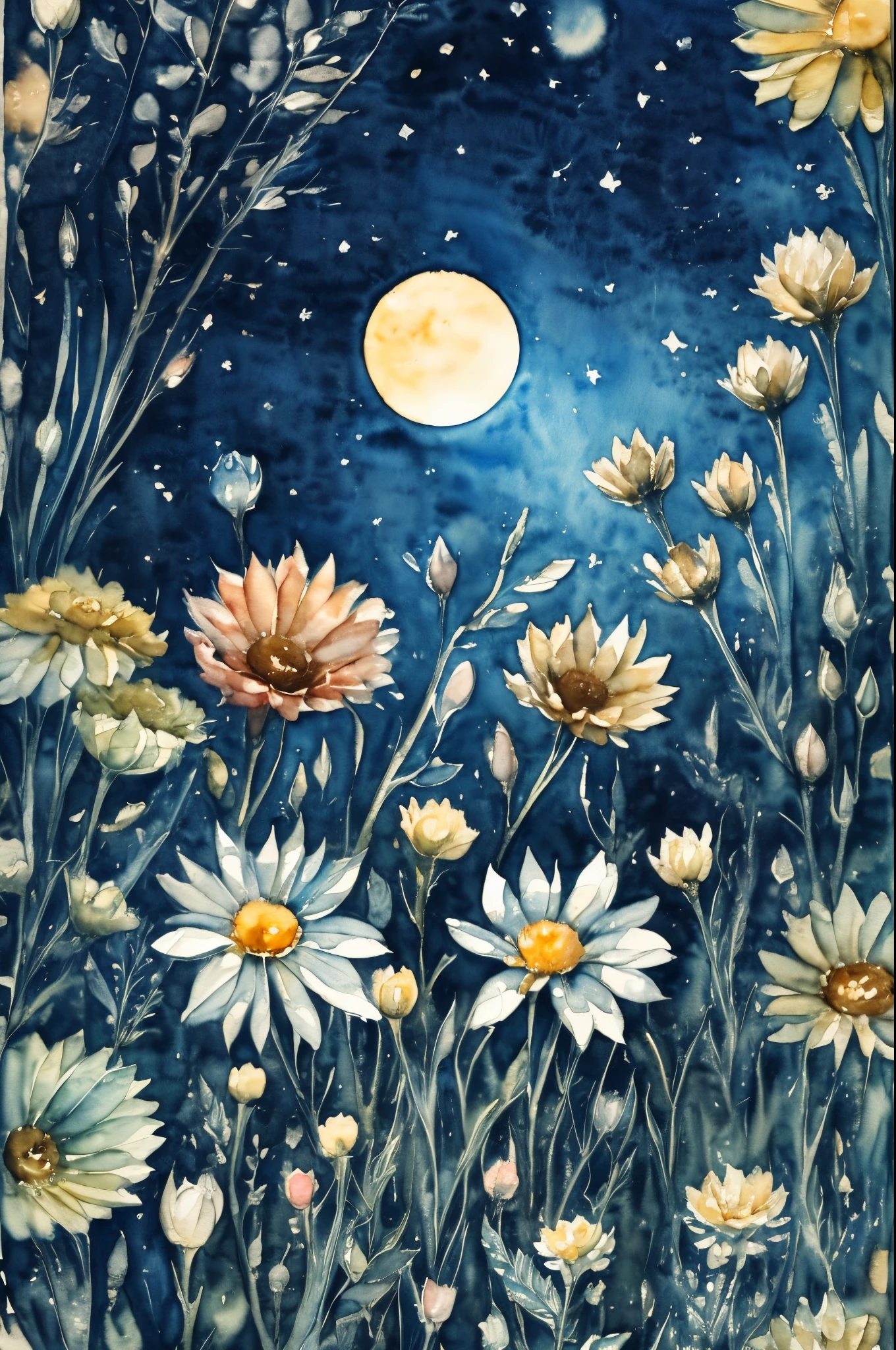 (water color art: 1.5) Watercolor Artwork, a picture of a flower meadow at night, stars above, moon light, lightly clouded, moon rays caressing the flowers, high details, best quality, 16k, RAW, [best detailed], masterpiece, best quality, High Detail, Ultra High Quality, High Resolution, 16K Resolution, Ultra HD Pictures, 3D rendering Ultra Realistic, Clear Details, Realistic Detail, Ultra High Definition