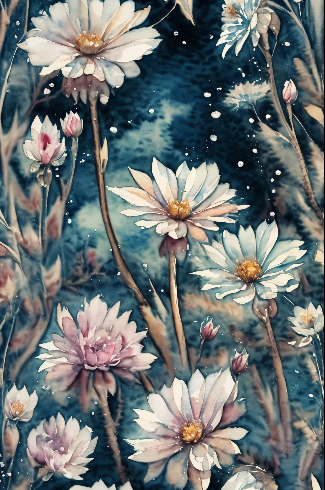 (water color art: 1.5) Watercolor Artwork, a picture of a flower meadow at night, stars above, moon light, lightly clouded, moon rays caressing the flowers, high details, best quality, 16k, RAW, [best detailed], masterpiece, best quality, High Detail, Ultra High Quality, High Resolution, 16K Resolution, Ultra HD Pictures, 3D rendering Ultra Realistic, Clear Details, Realistic Detail, Ultra High Definition