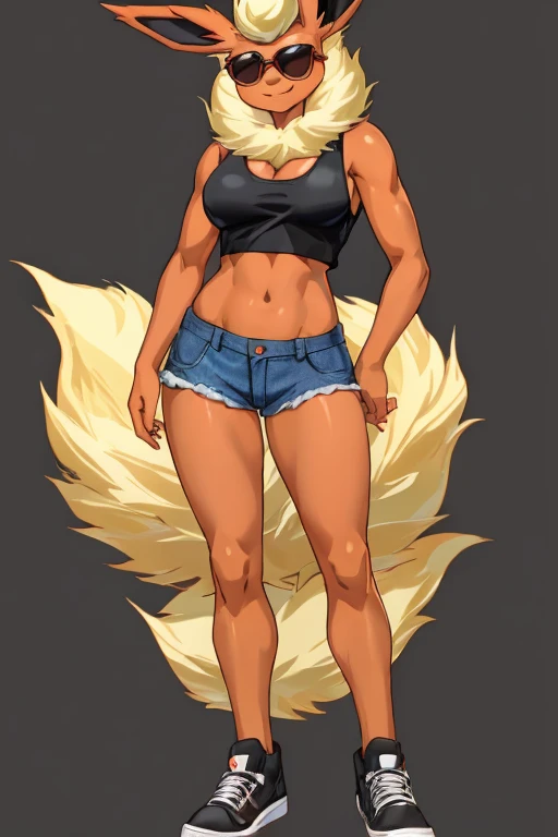 ((Flareon)), anthropomorphic, big boobs, big ass, pokemorph, (((1girl))), (((black cropped tank top))), (denim short shorts), (black sneakers), cute and sexy, red skin, (sunglasses), long legs, smiling
