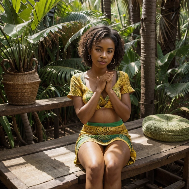 A Brazilian mulatto is a person with rich ethnic heritage, often exhibiting a combination of African and European ancestry, with a range of skin tones and a vibrant culture that celebrates Brazil&#39;s racial and ethnic diversity, dressed in&#39;a dress in the colors of nature and the colors of the Amazon forest, sitting behind a desk like a president and her hands are clasped and have changed hand positions