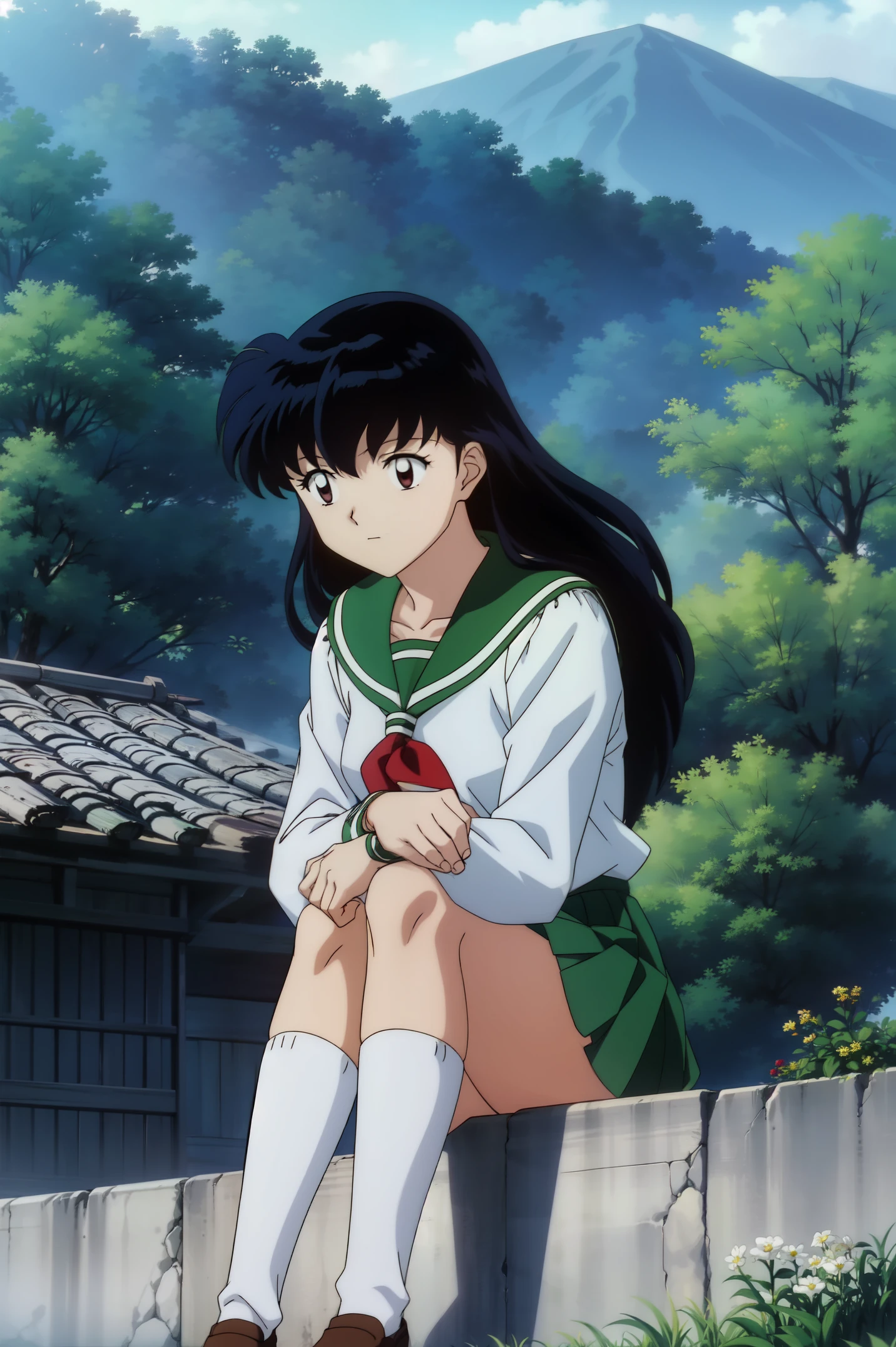 (best quality, masterpiece, highres), kagome higurashi, 1girl, solo, green school uniform, green legs, long sleeves, white socks, sitting, scenery